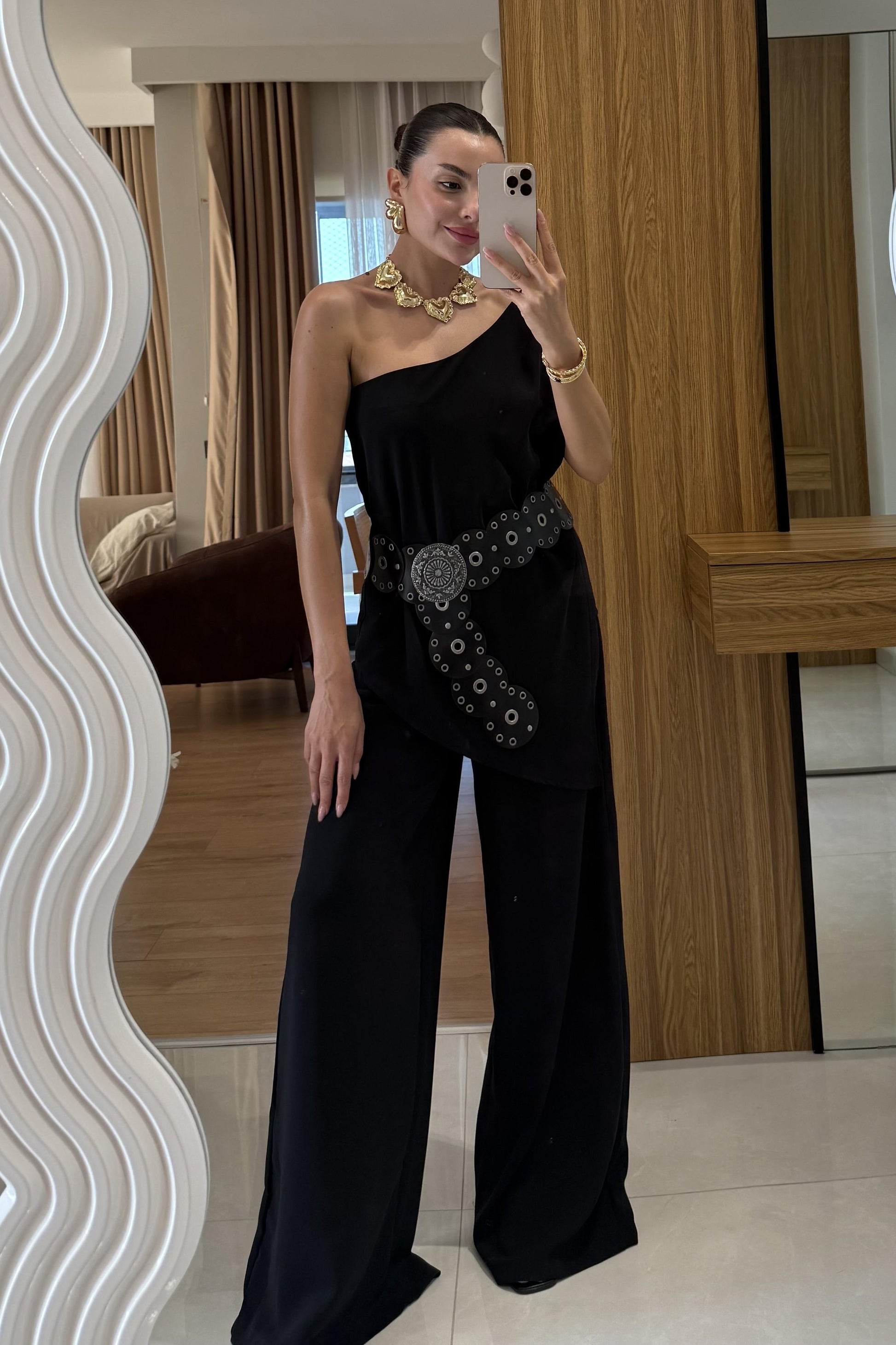 Waldra Siyah Tek Kol Asimetrik Pantolon Takım