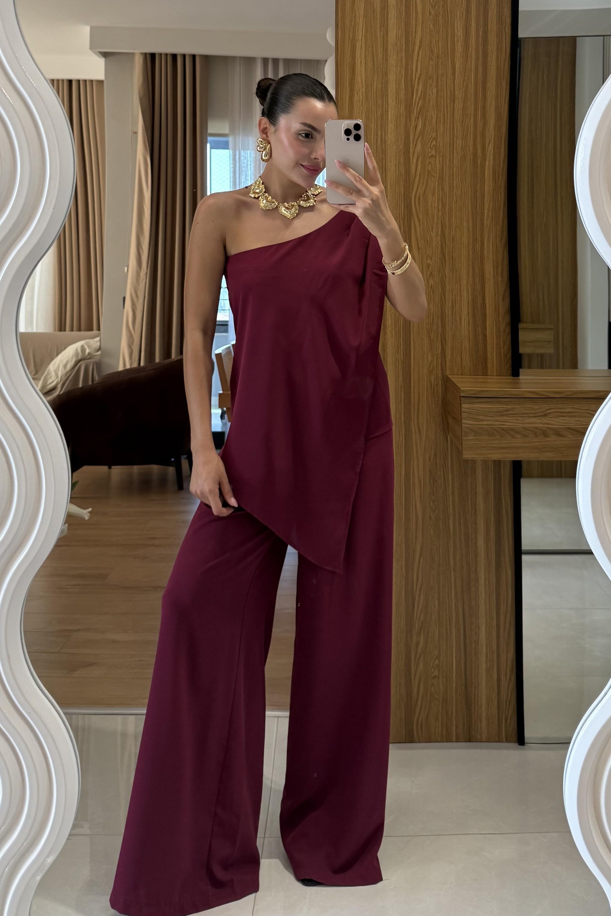 Waldra Vişne Tek Kol Asimetrik Pantolon Takım