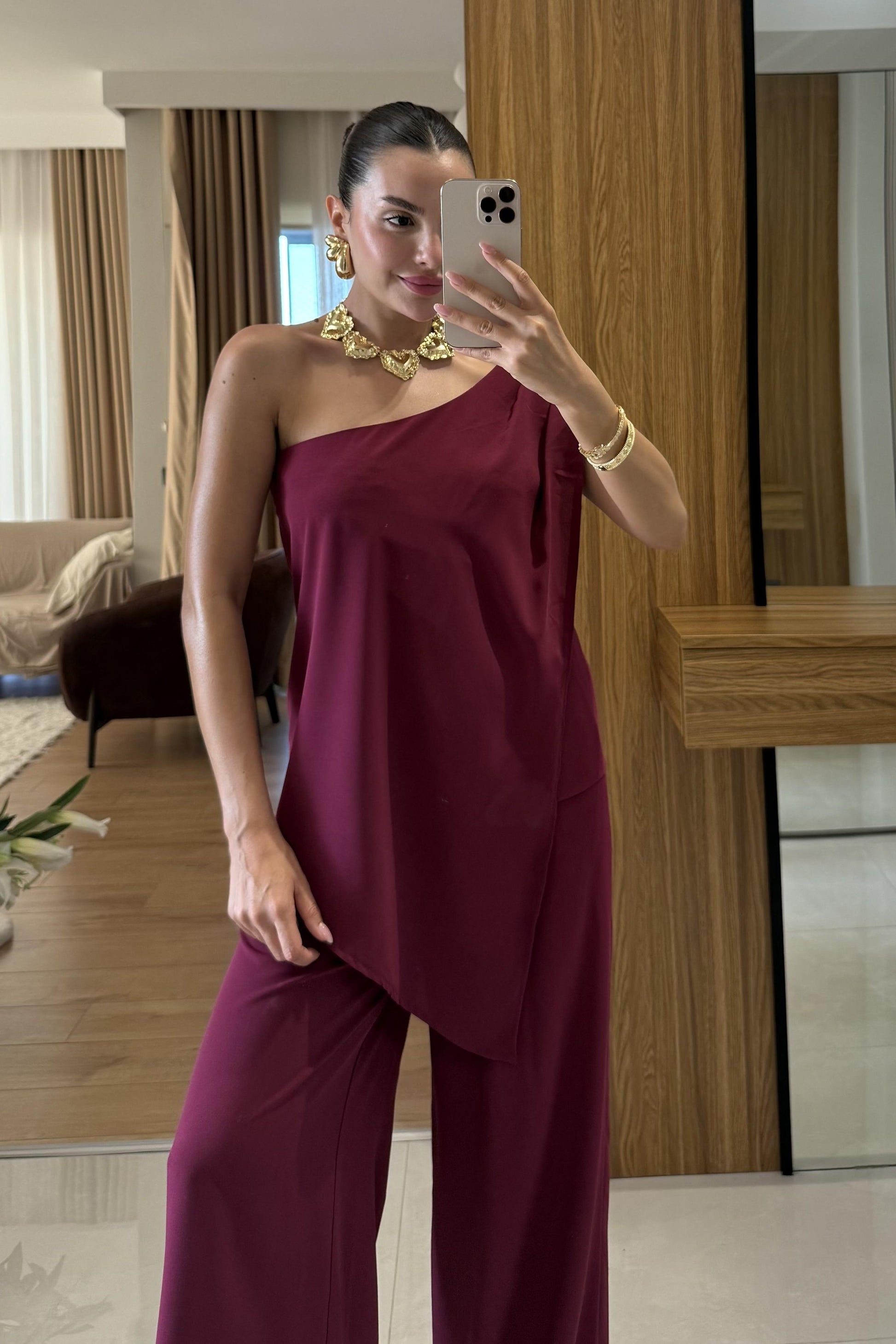 Waldra Vişne Tek Kol Asimetrik Pantolon Takım