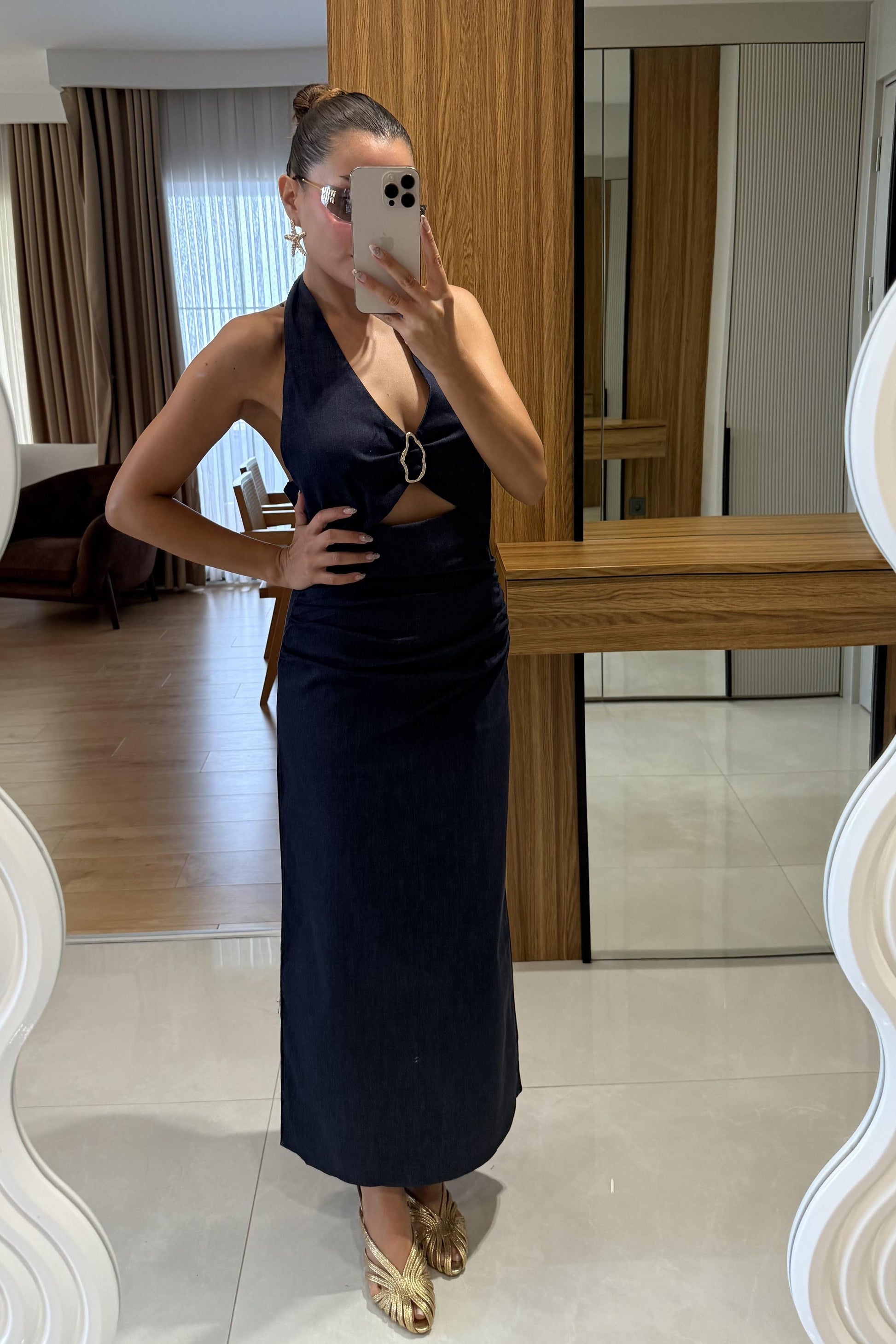 Wales Halka Detaylı Dekolteli Denim Elbise