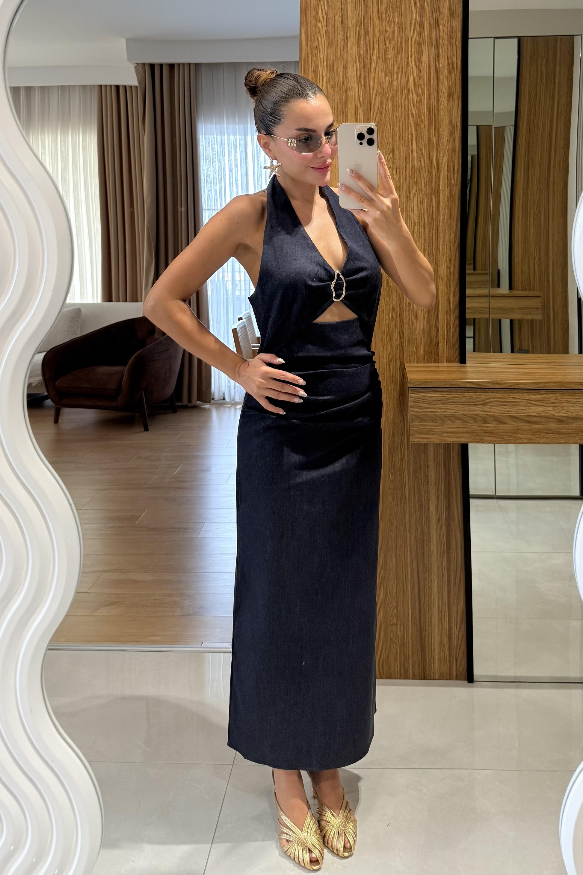 Wales Halka Detaylı Dekolteli Denim Elbise