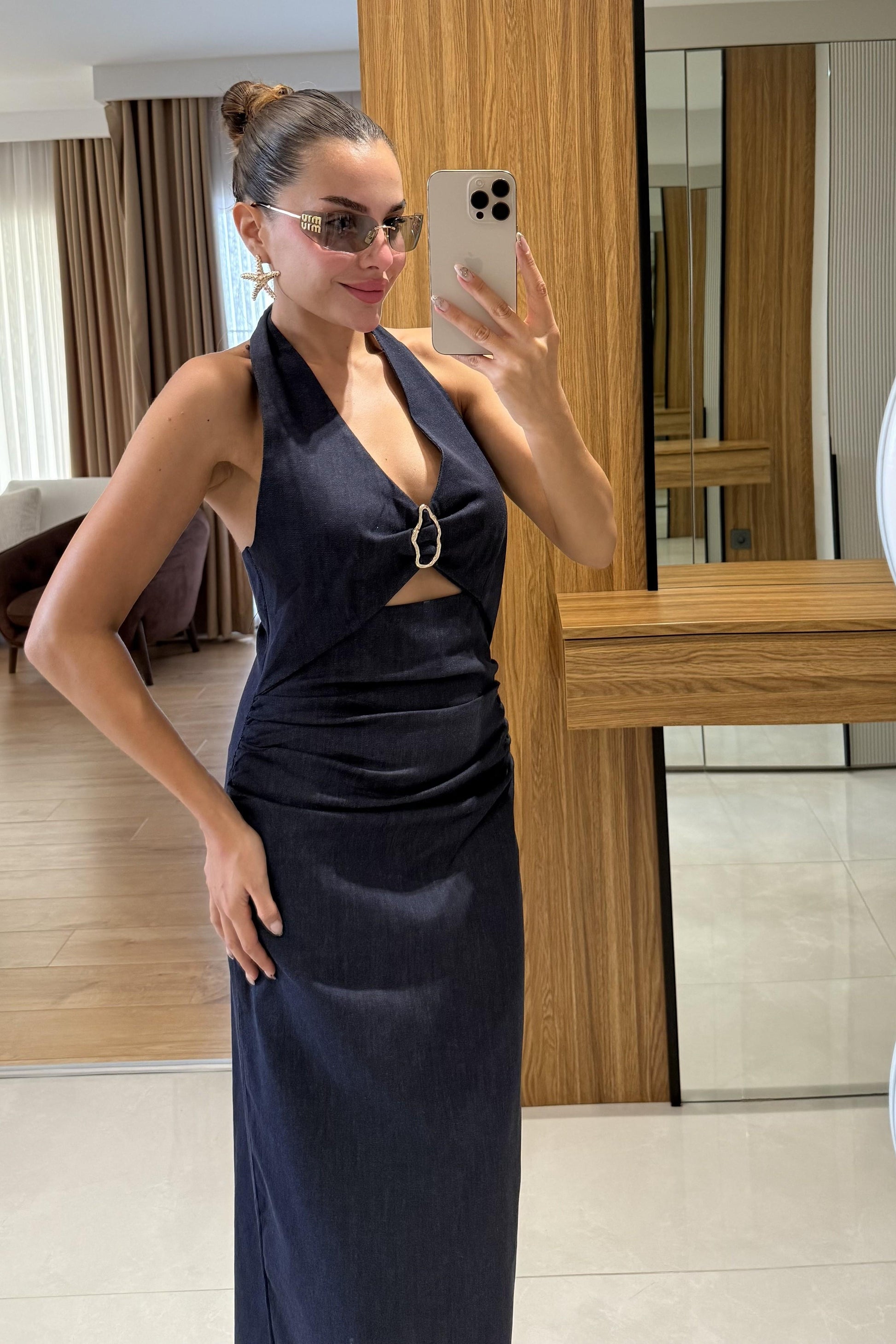 Wales Halka Detaylı Dekolteli Denim Elbise