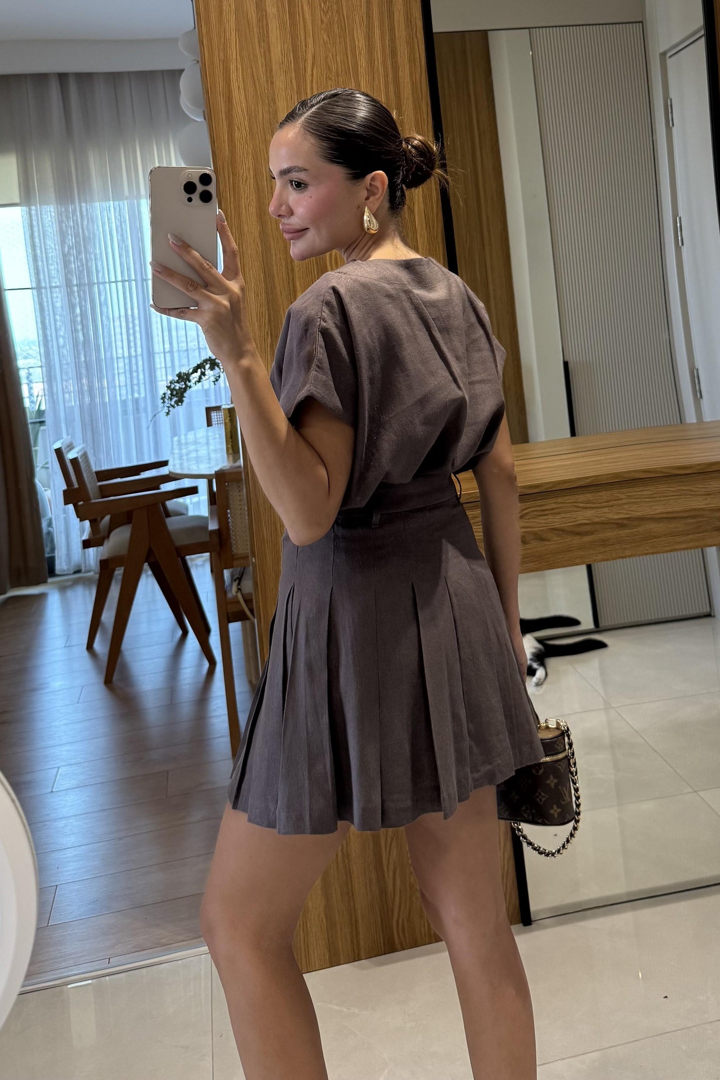 Walker Kahve Şort Etek Keten Takım