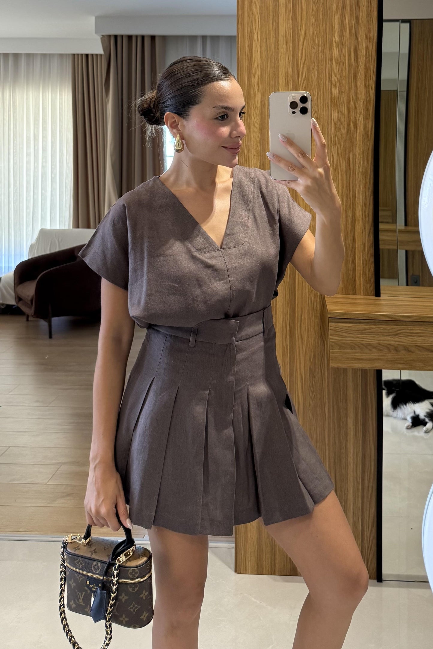 Walker Kahve Şort Etek Keten Takım