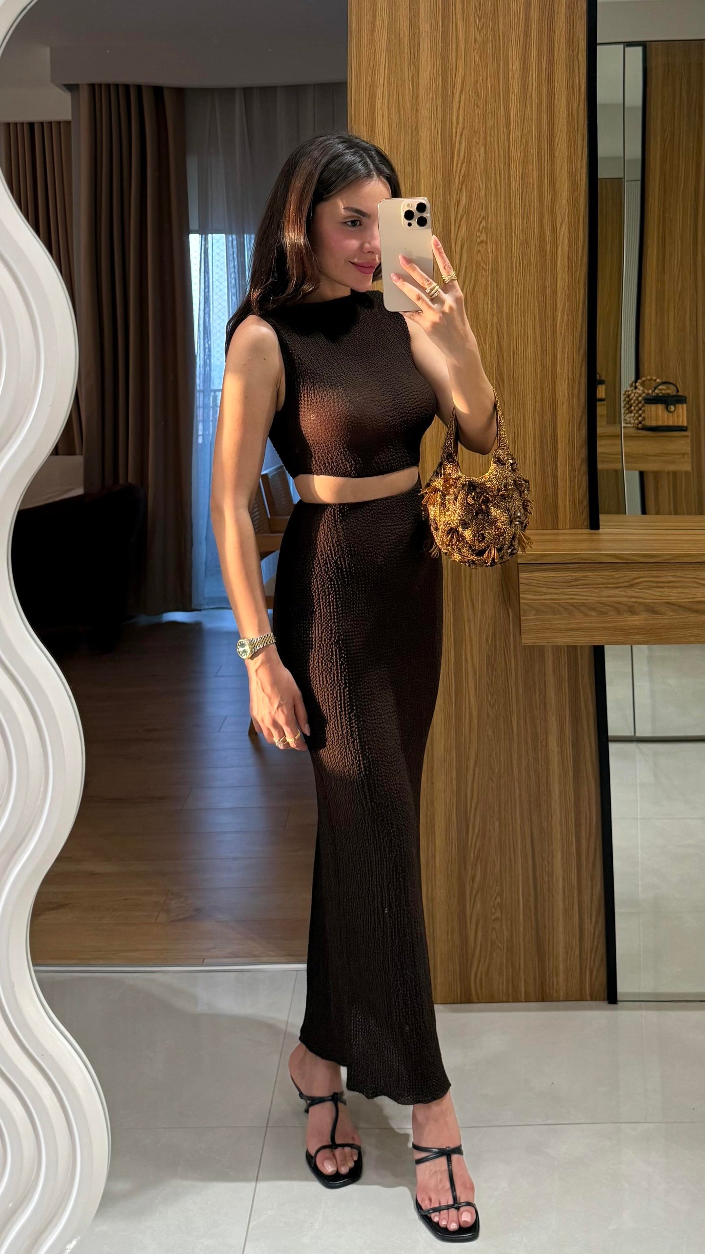 Walnet Acı Kahve Bel Dekolteli Elbise