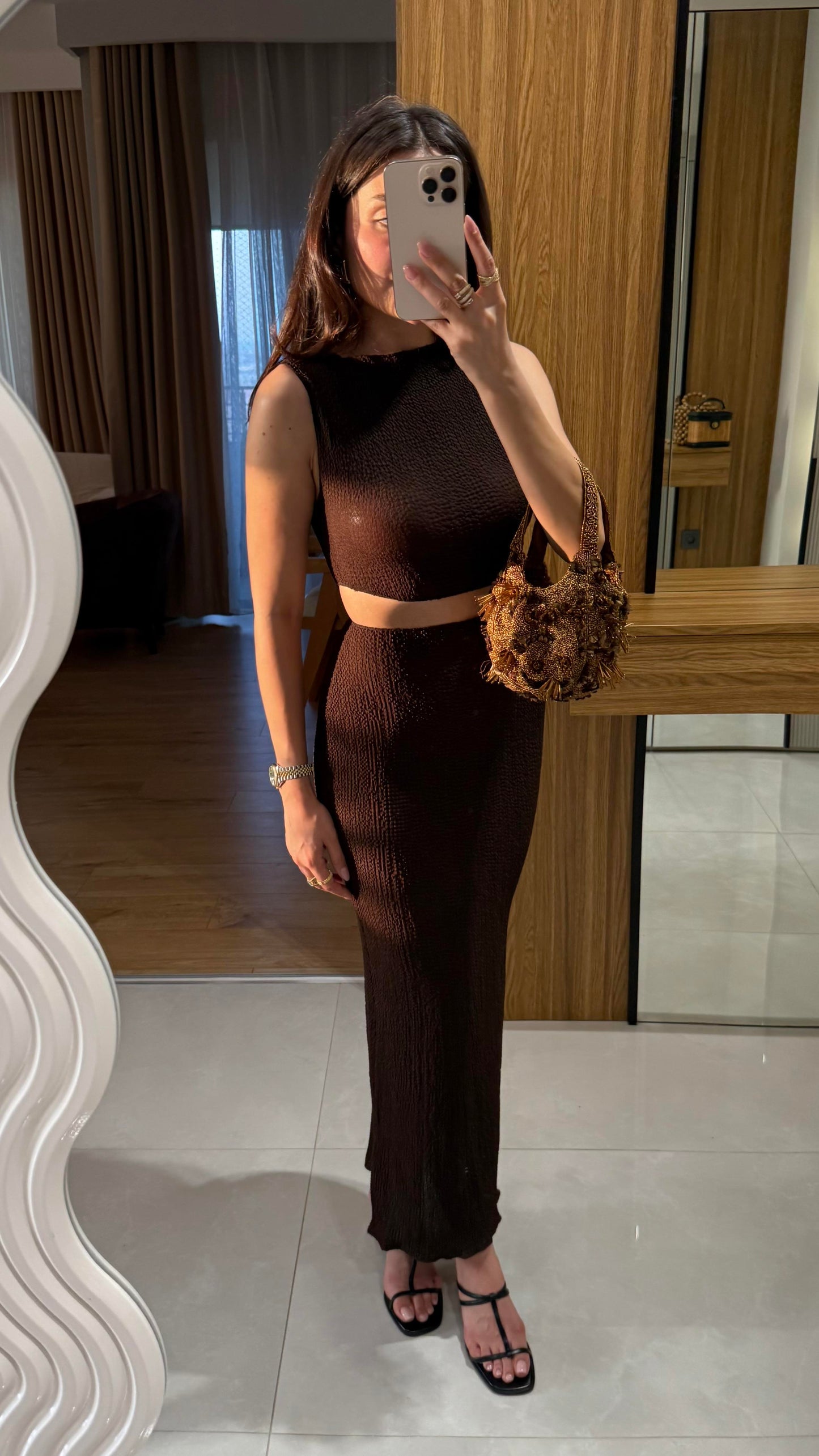 Walnet Acı Kahve Bel Dekolteli Elbise