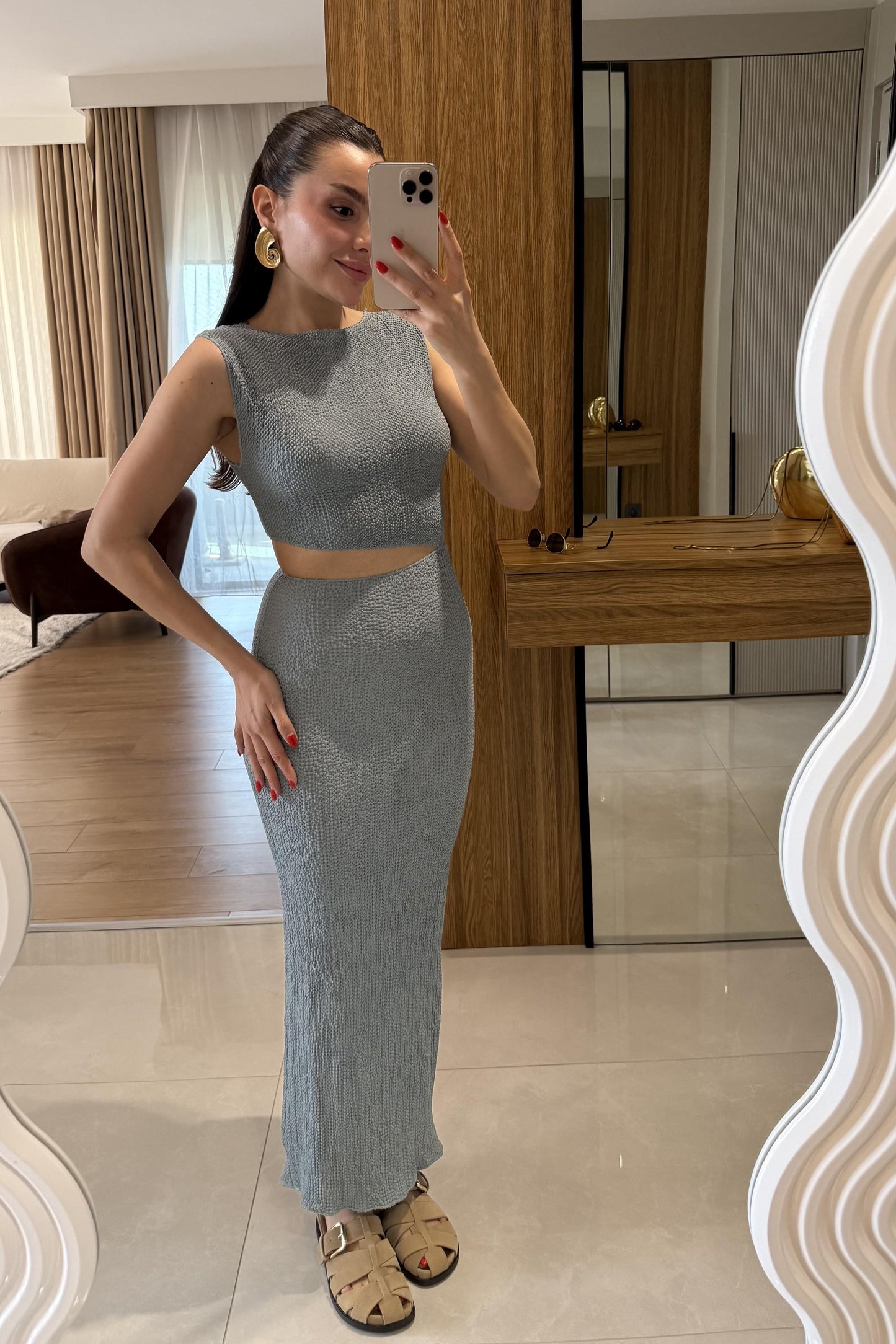 Walnet Gri Bel Dekolteli Elbise