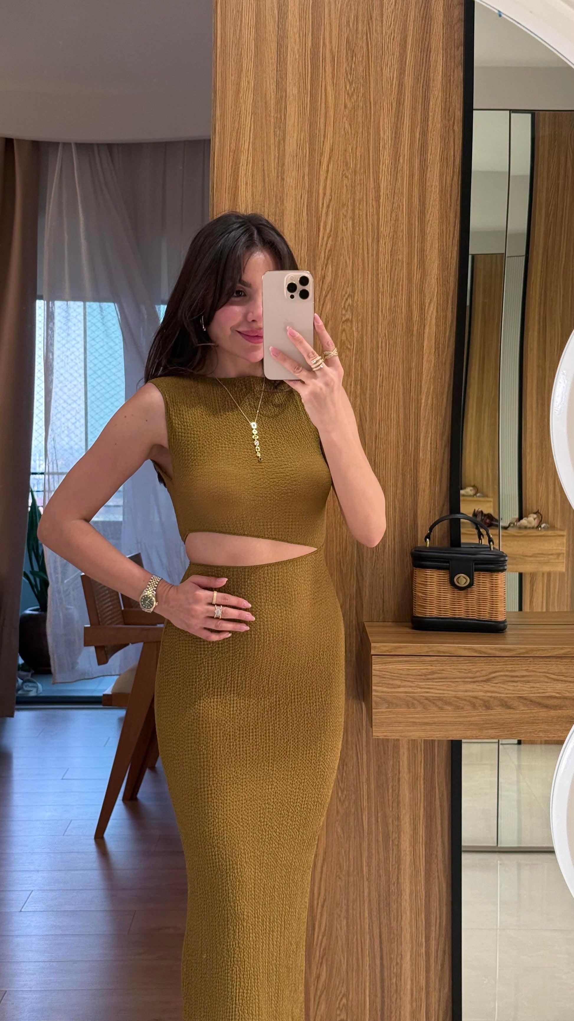 Walnet Yağ Yeşili Bel Dekolteli Elbise