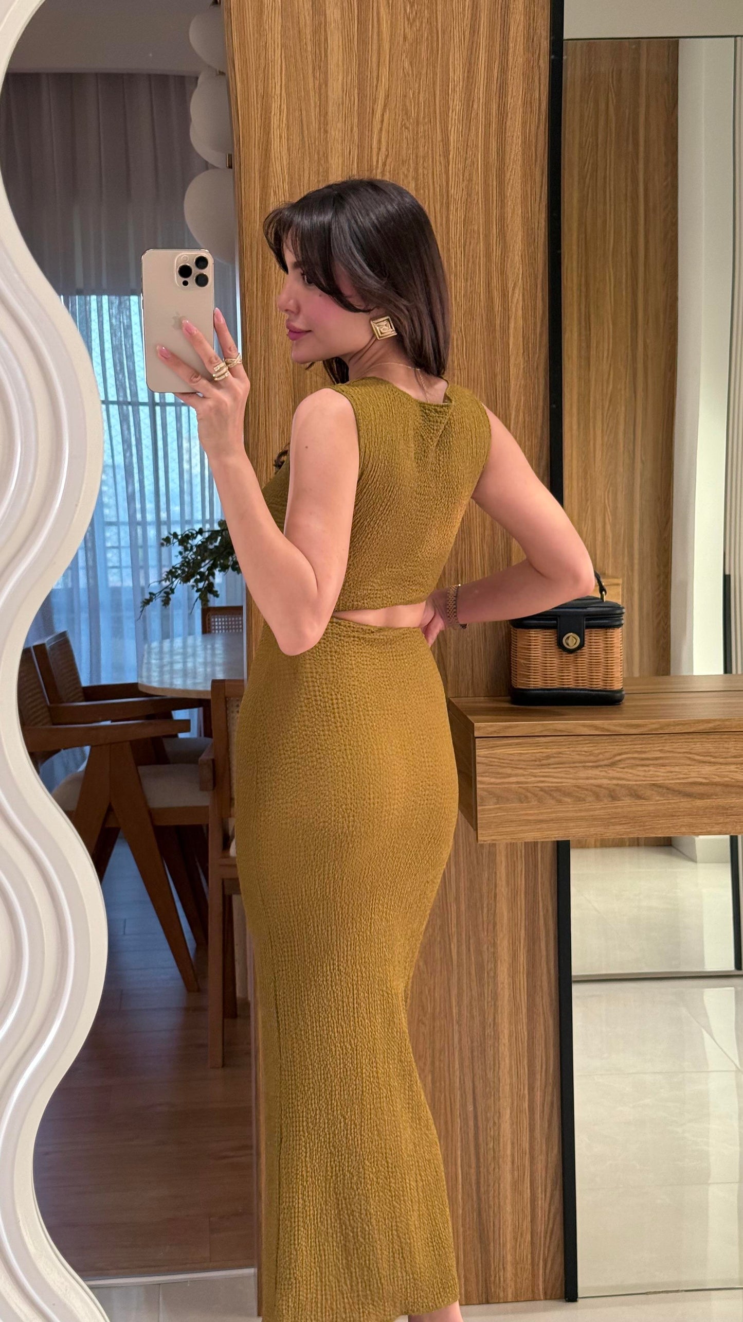 Walnet Yağ Yeşili Bel Dekolteli Elbise