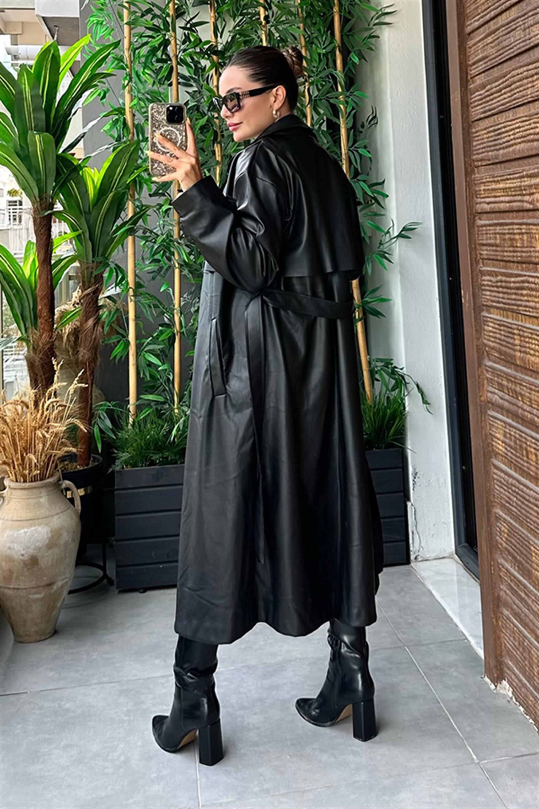 Wander siyah deri Trench Coat