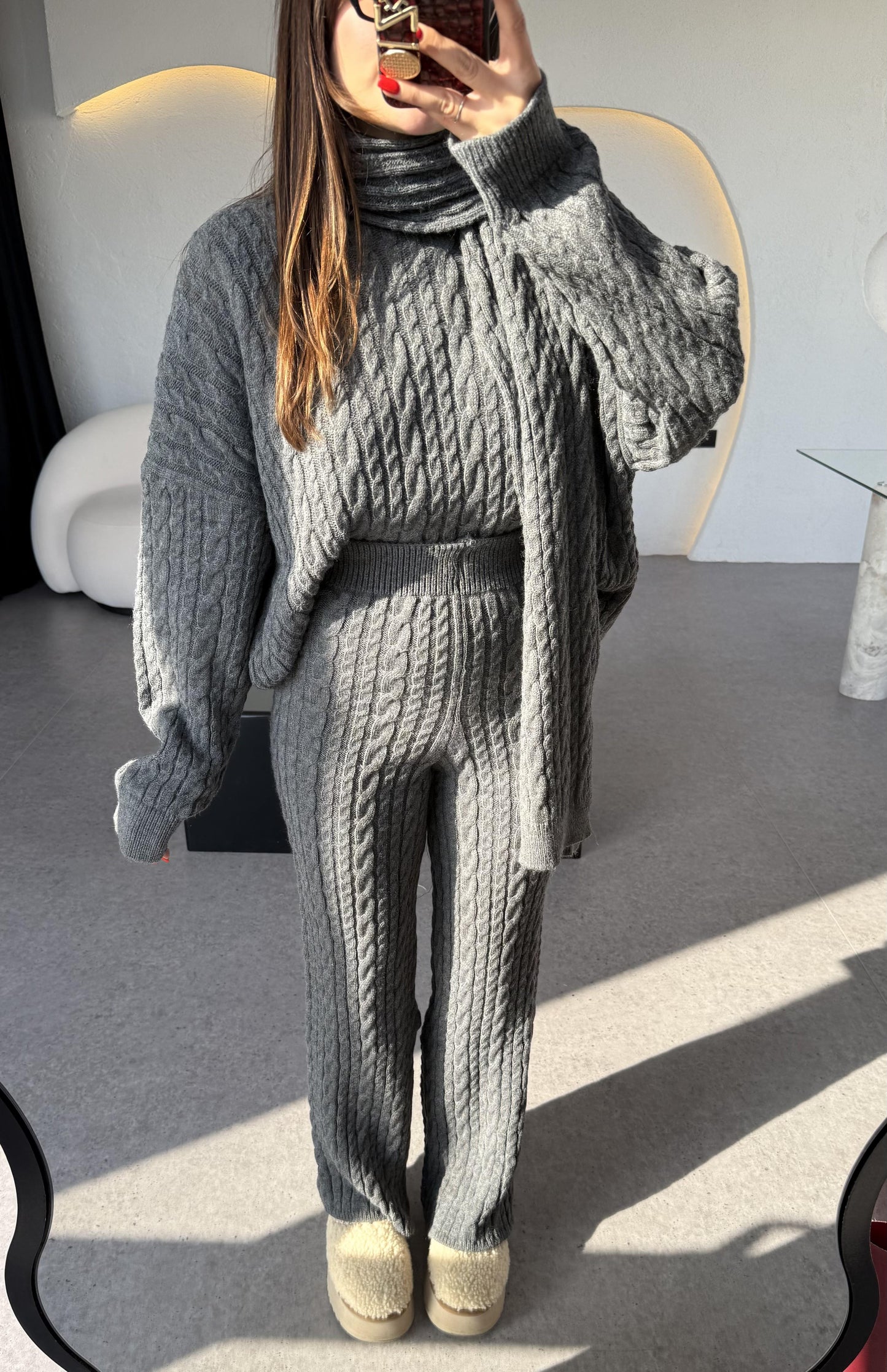 Warm Antrasit Saç Örgülü Atkılı Üçlü Takım