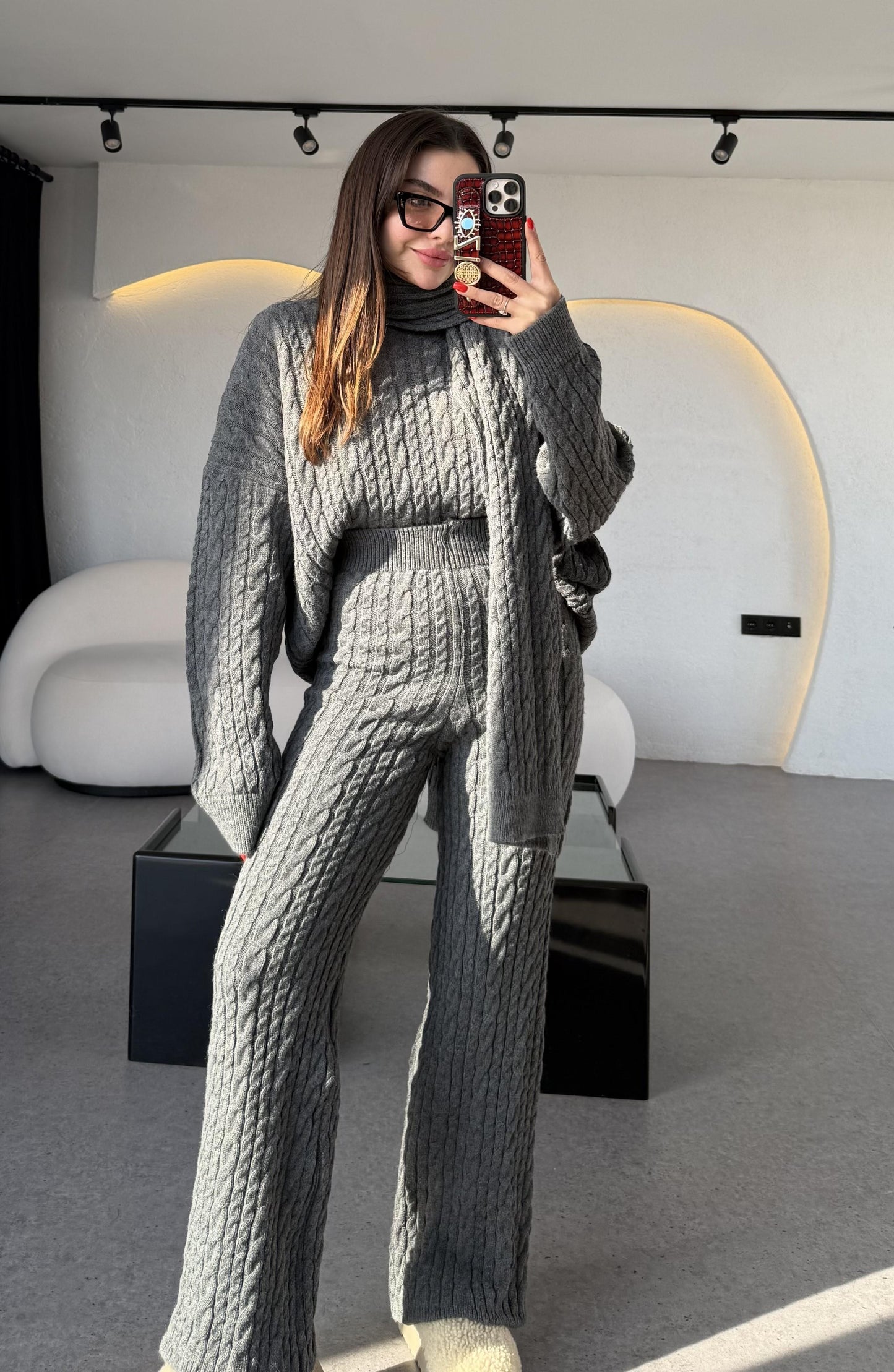 Warm Antrasit Saç Örgülü Atkılı Üçlü Takım