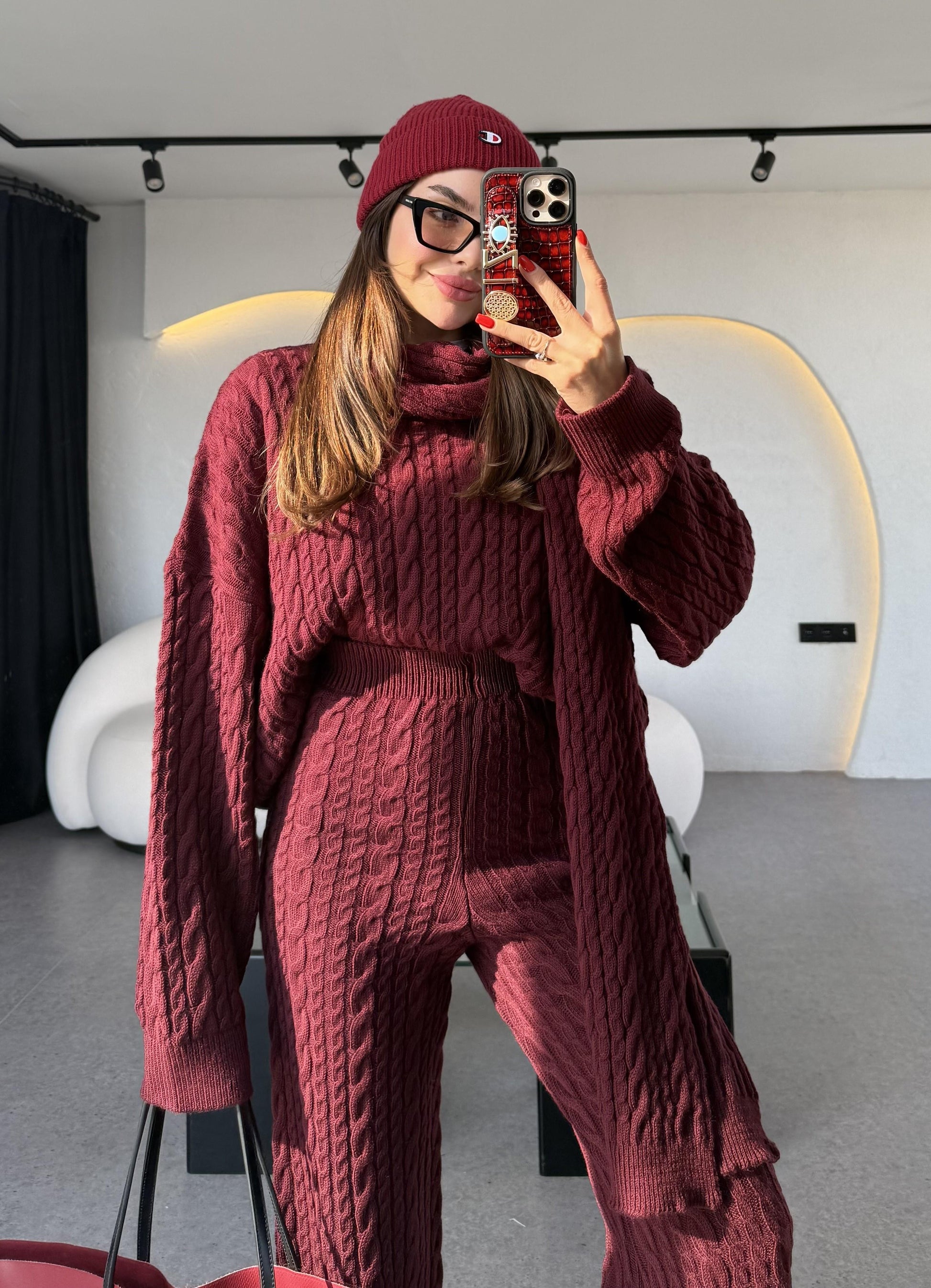 Warm Bordo Saç Örgülü Atkılı Üçlü Takım