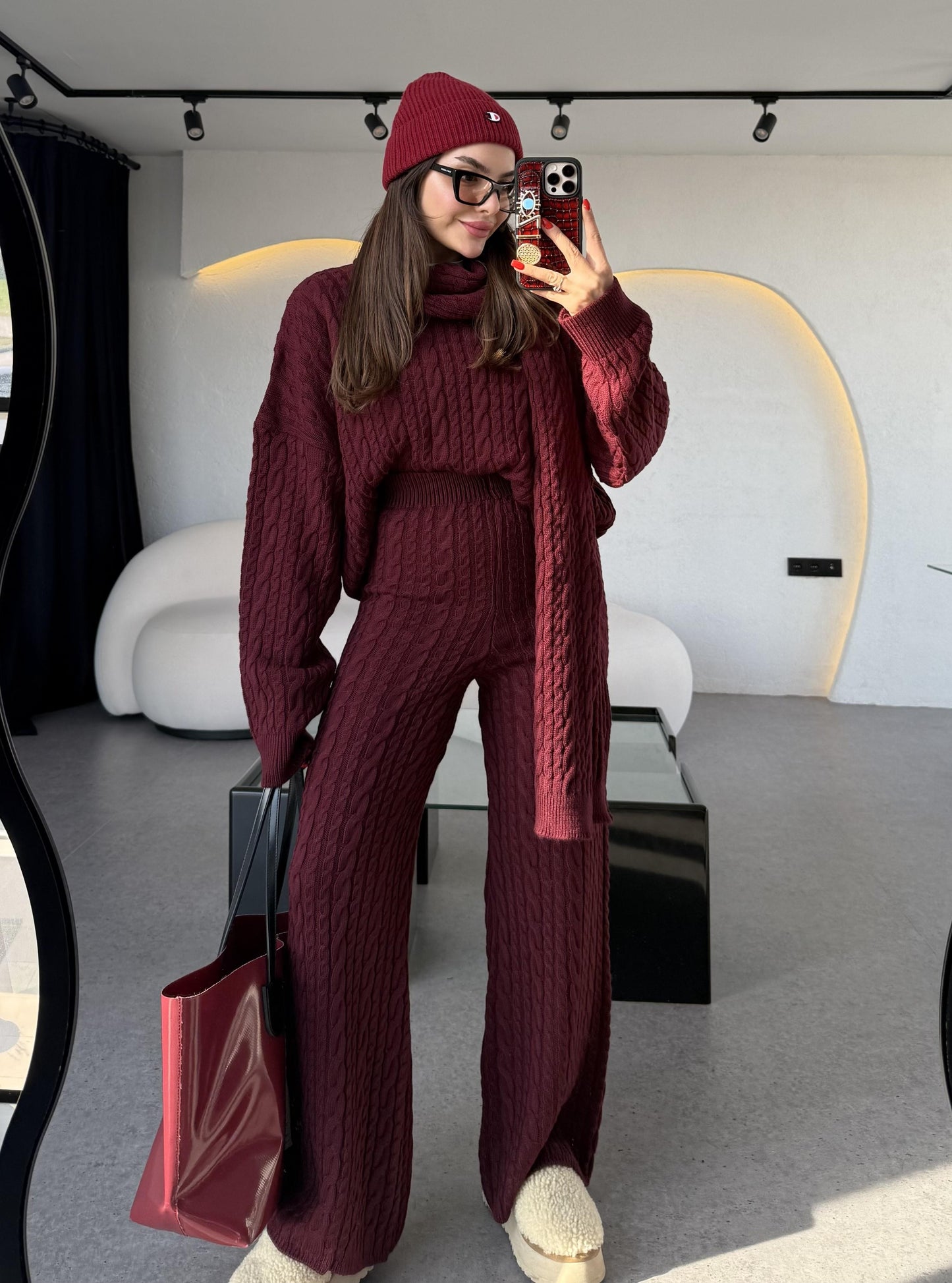 Warm Bordo Saç Örgülü Atkılı Üçlü Takım