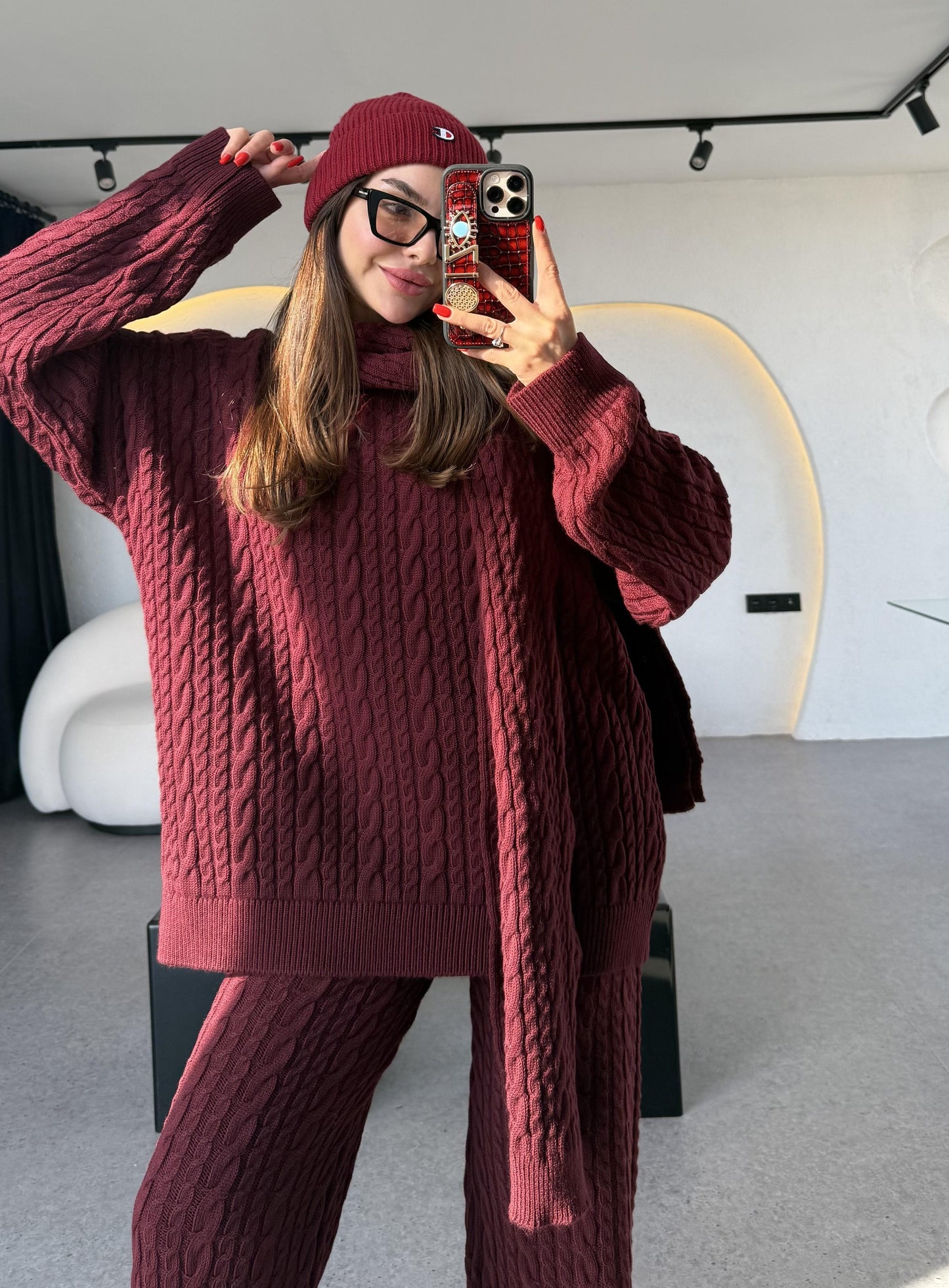 Warm Bordo Saç Örgülü Atkılı Üçlü Takım