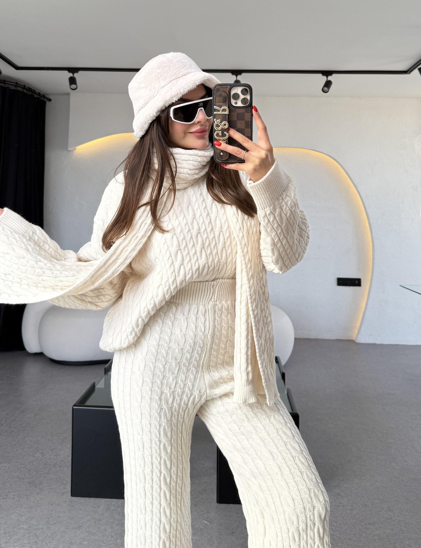 Warm Krem Saç Örgülü Atkılı Üçlü Takım