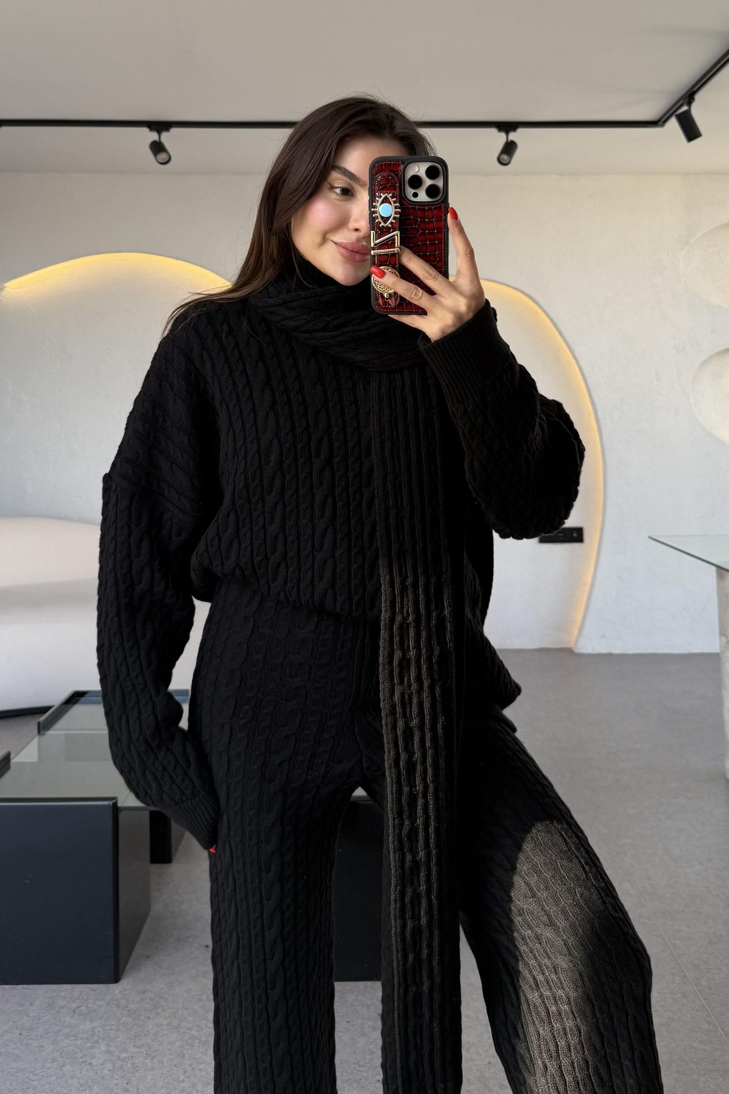 Warm Siyah Saç Örgülü Atkılı Üçlü Takım