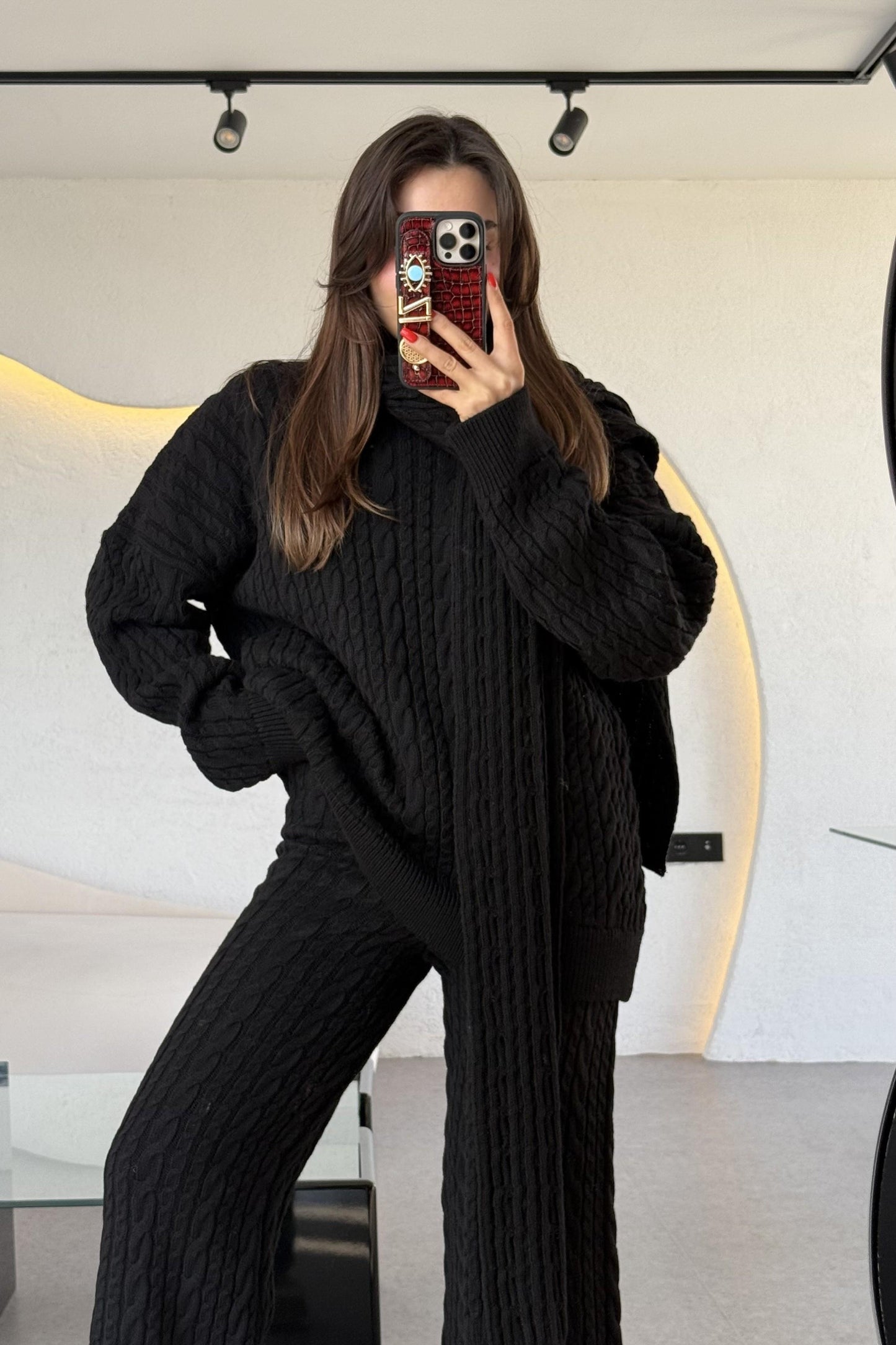 Warm Siyah Saç Örgülü Atkılı Üçlü Takım