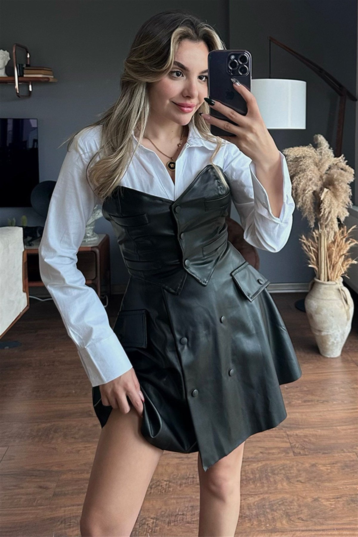 Wednesday deri etekli takım - Siyah