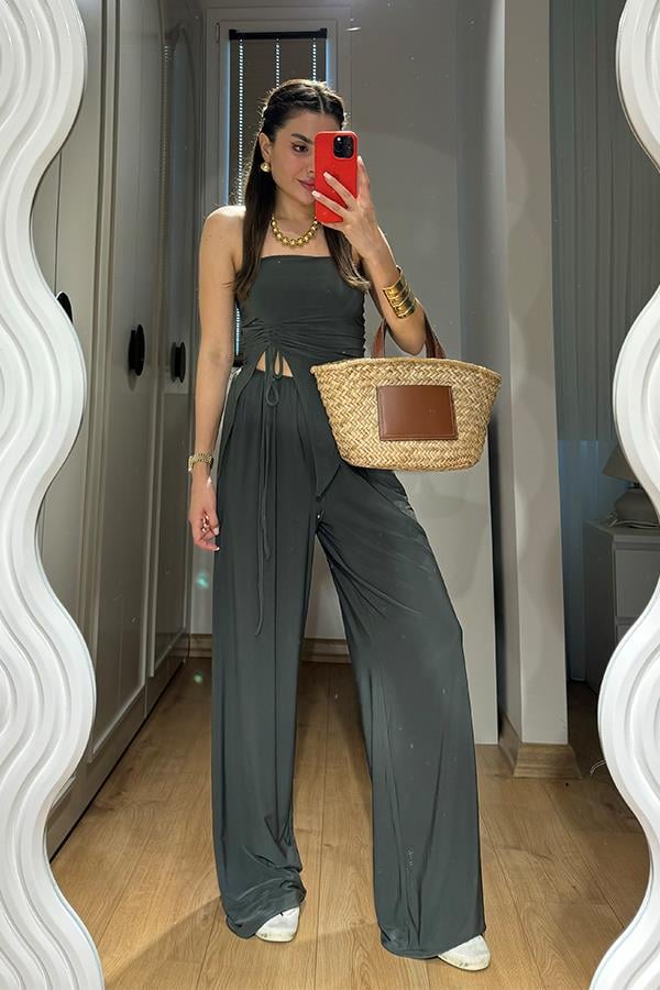 Wendy Büzgülü Bluz Salaş Pantolon Takım - Haki