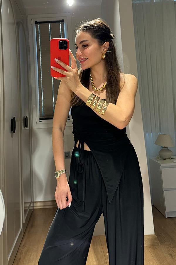 Wendy Büzgülü Bluz Salaş Pantolon Takım - Siyah