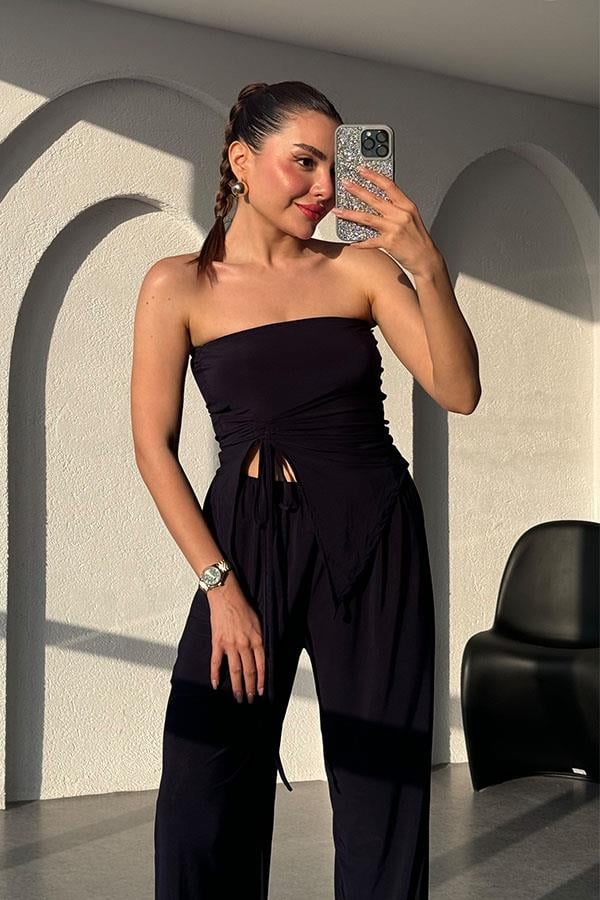 Wendy Büzgülü Bluz Salaş Pantolon Takım -Lacivert