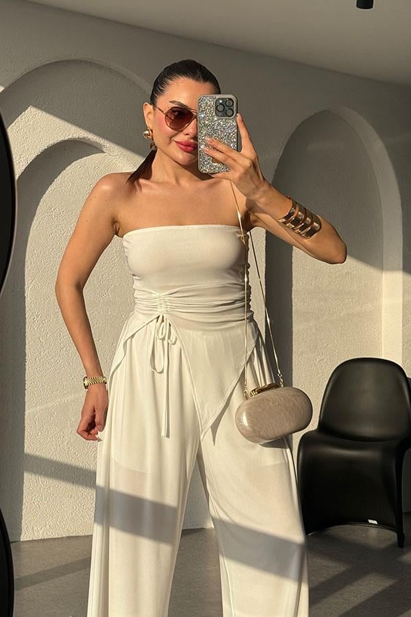 Wendy Büzgülü Bluz Salaş Pantolon Takım -Beyaz