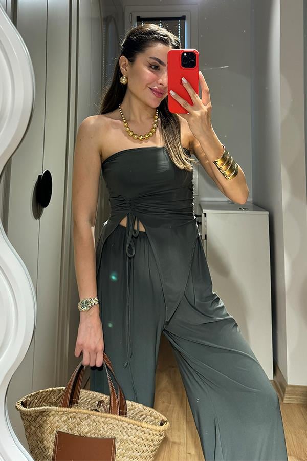 Wendy Büzgülü Bluz Salaş Pantolon Takım - Haki