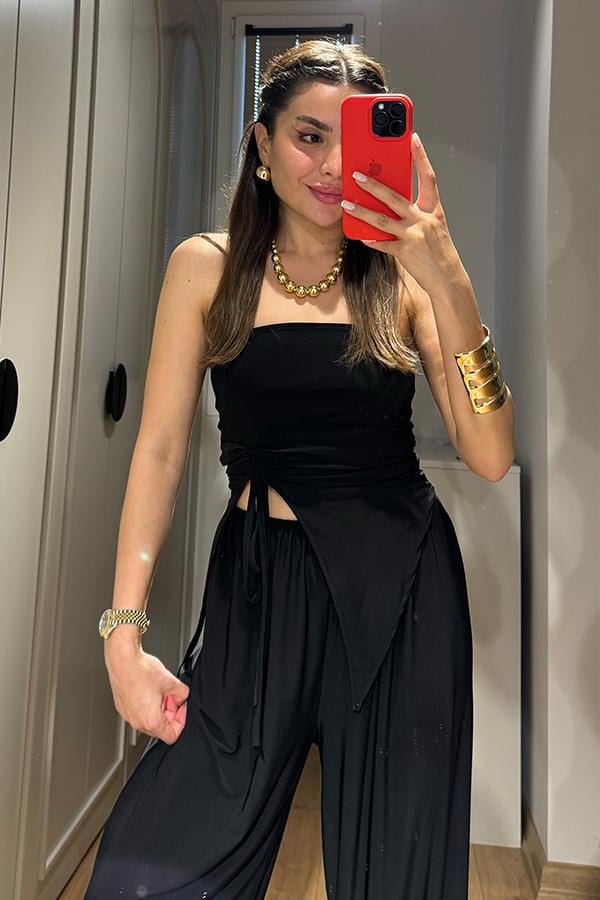 Wendy Büzgülü Bluz Salaş Pantolon Takım - Siyah