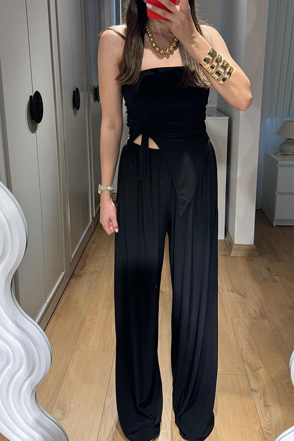 Wendy Büzgülü Bluz Salaş Pantolon Takım - Siyah