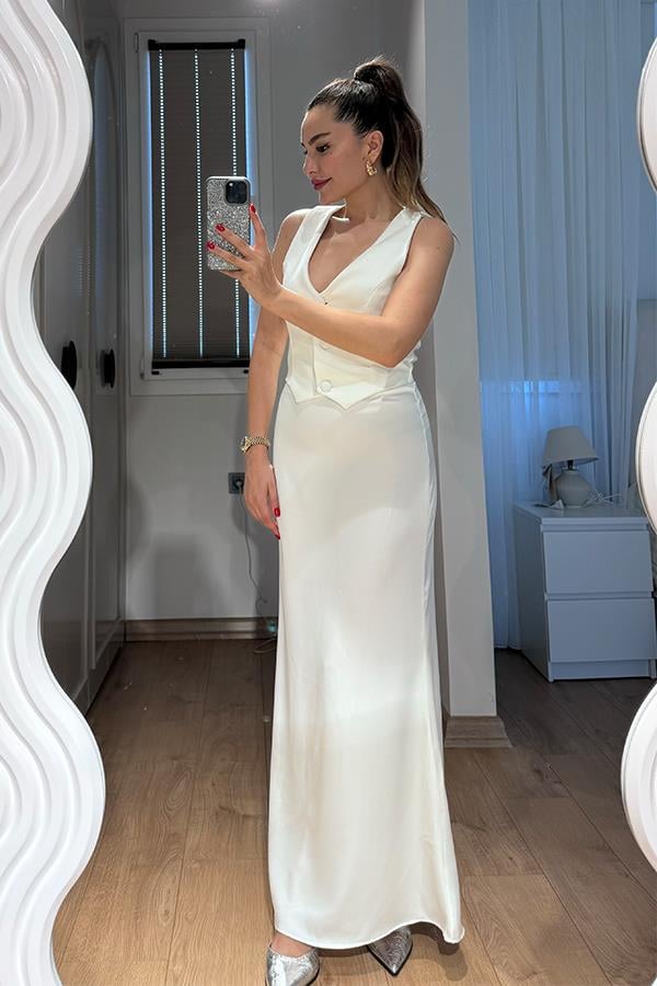 Wenra Yelek Görünümlü Tasarım Elbise - Beyaz