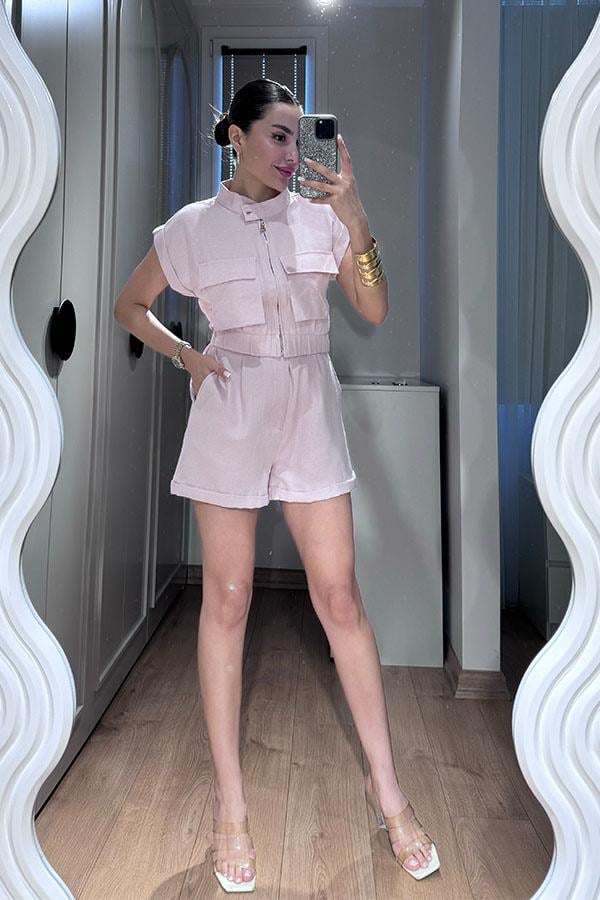 Wilfred Cep Detaylı Keten Gömlek Şort Takım-Lila