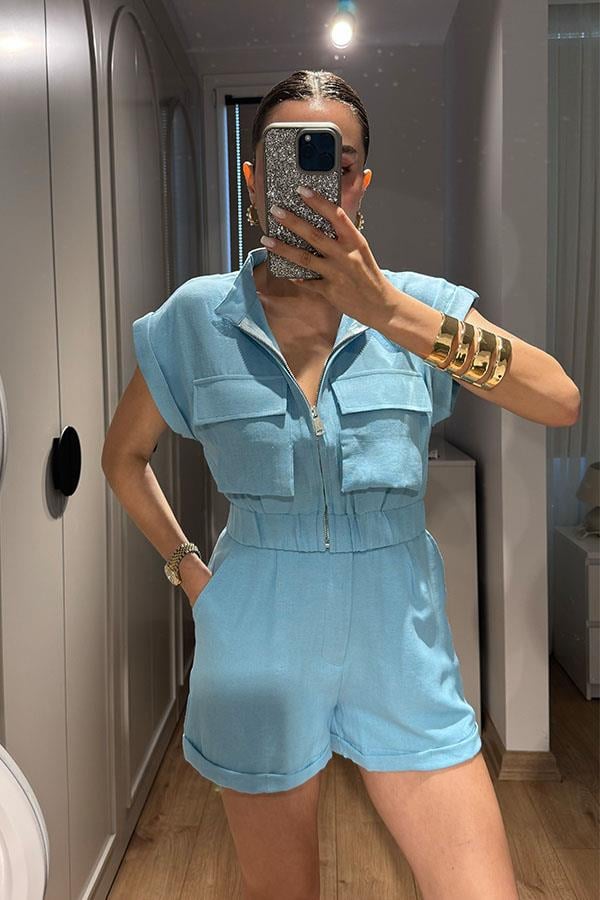 Wilfred Cep Detaylı Keten Gömlek Şort Takım-Mavi