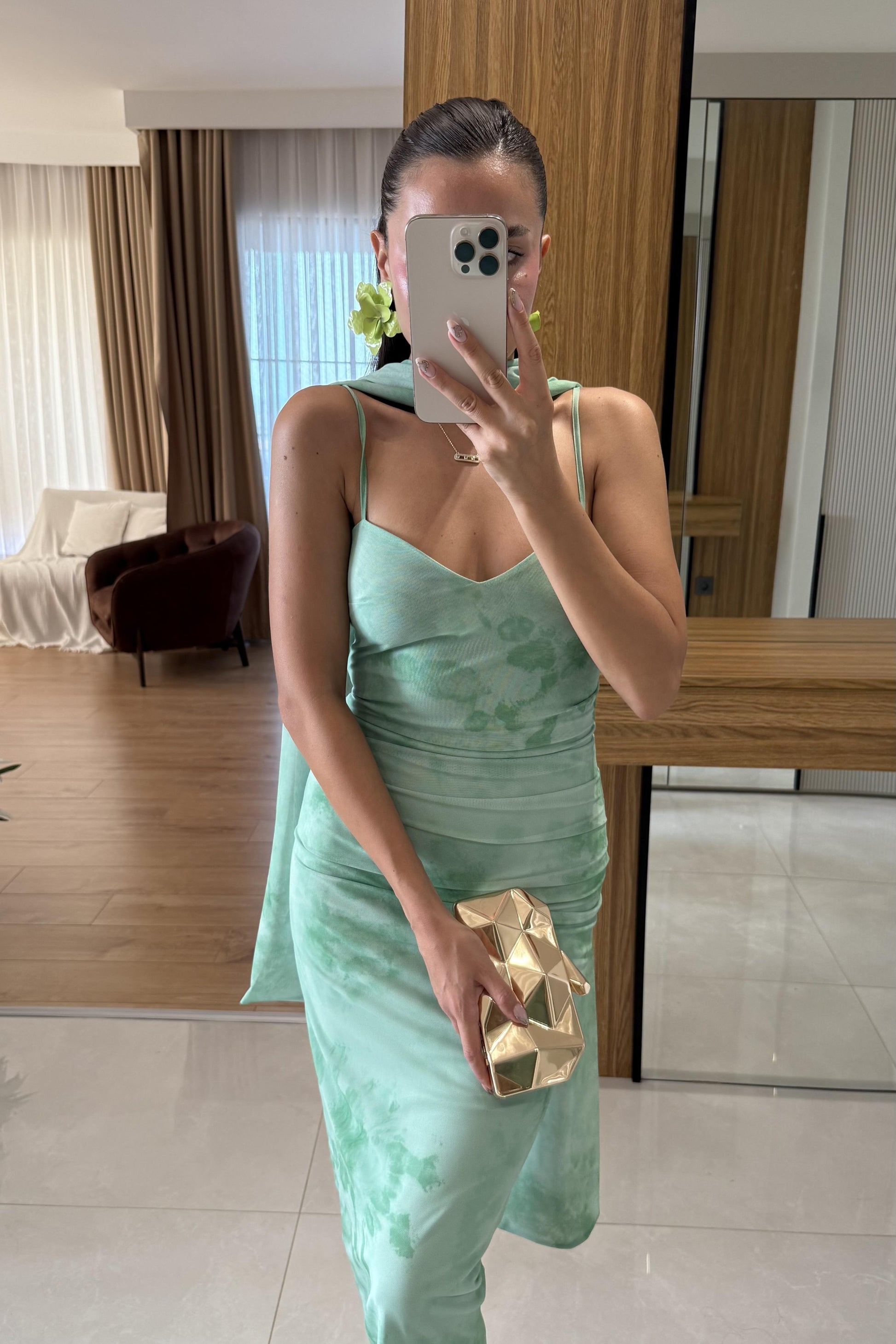 Wilson Yeşil Şal Detay Astarlı Elbise