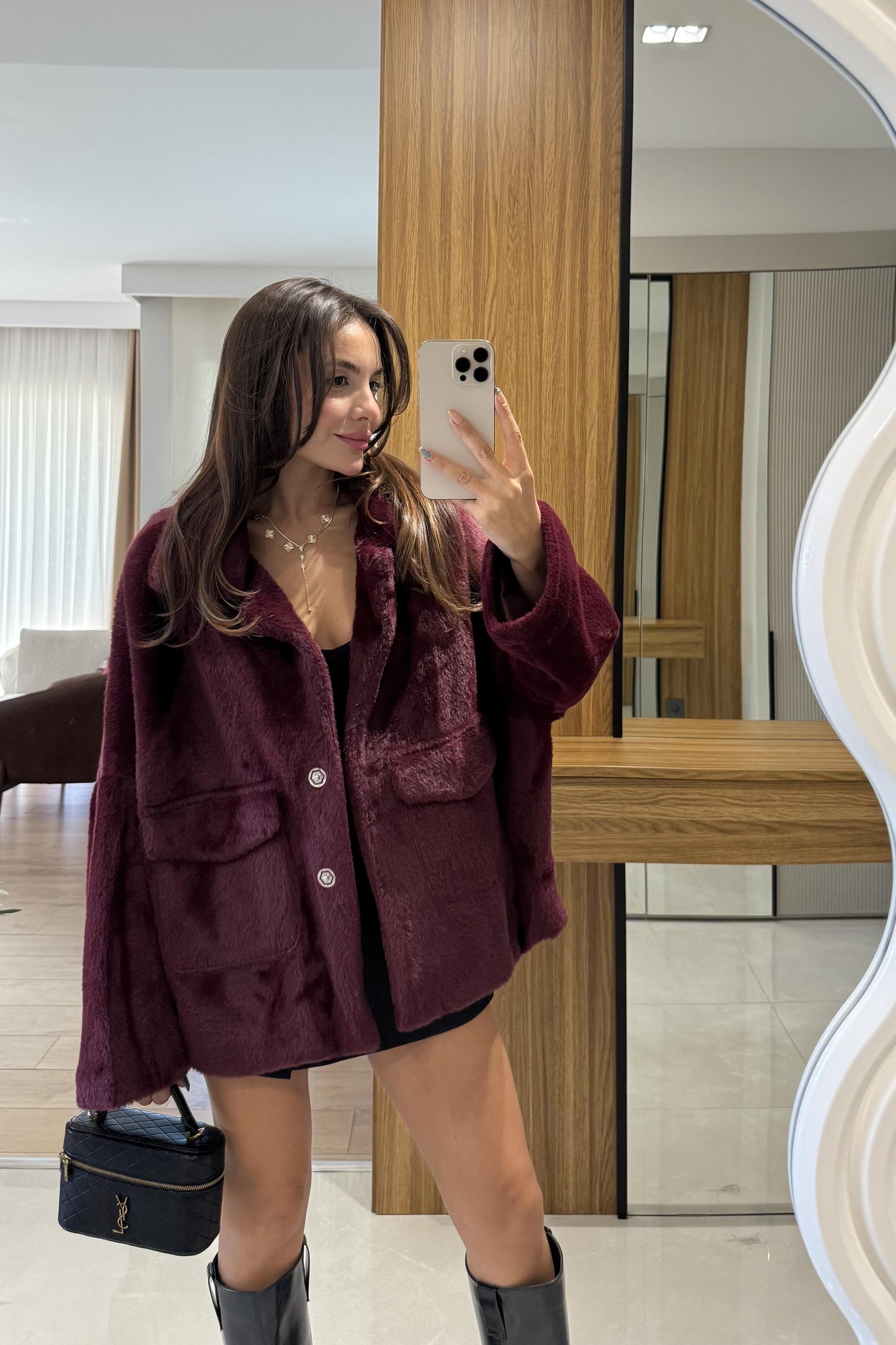 Winter Bordo Premium Peluş Kaban