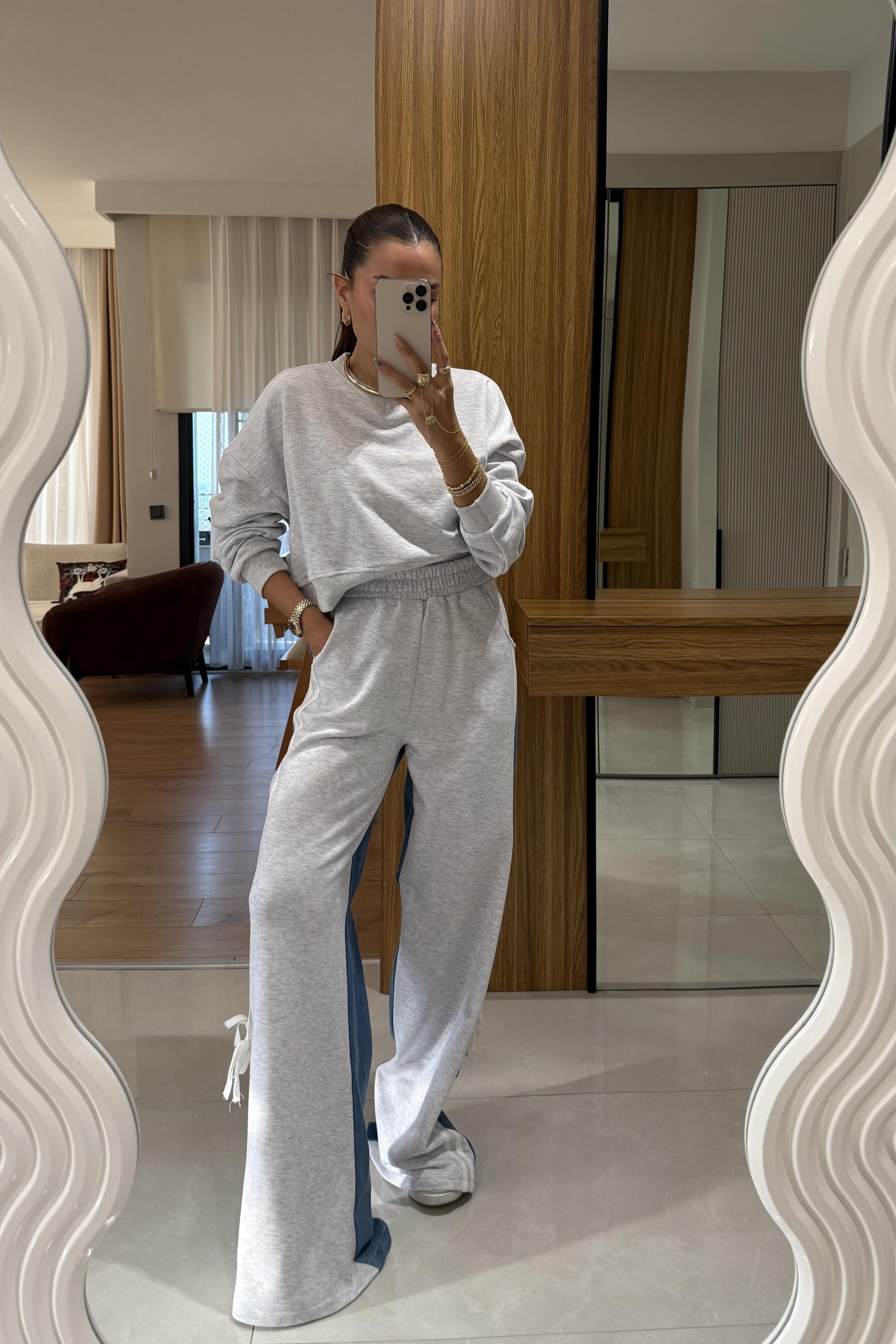 Wiola Gri Kot Karışımlı Şerit Detaylı Takım