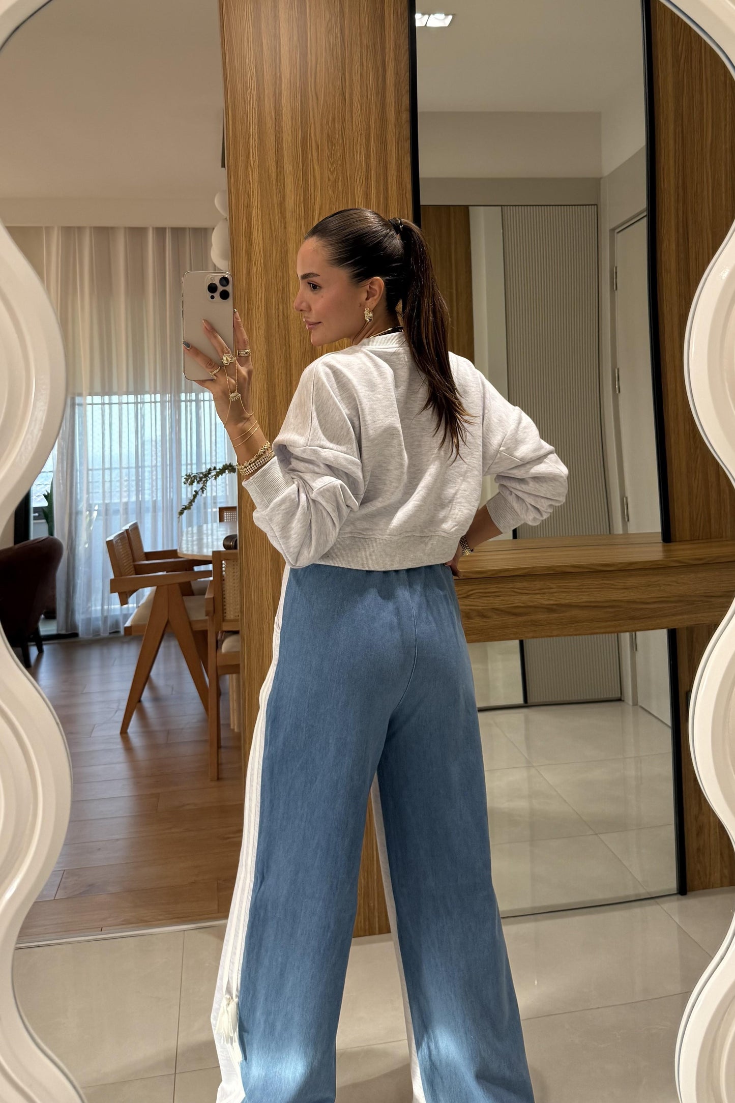 Wiola Gri Kot Karışımlı Şerit Detaylı Takım