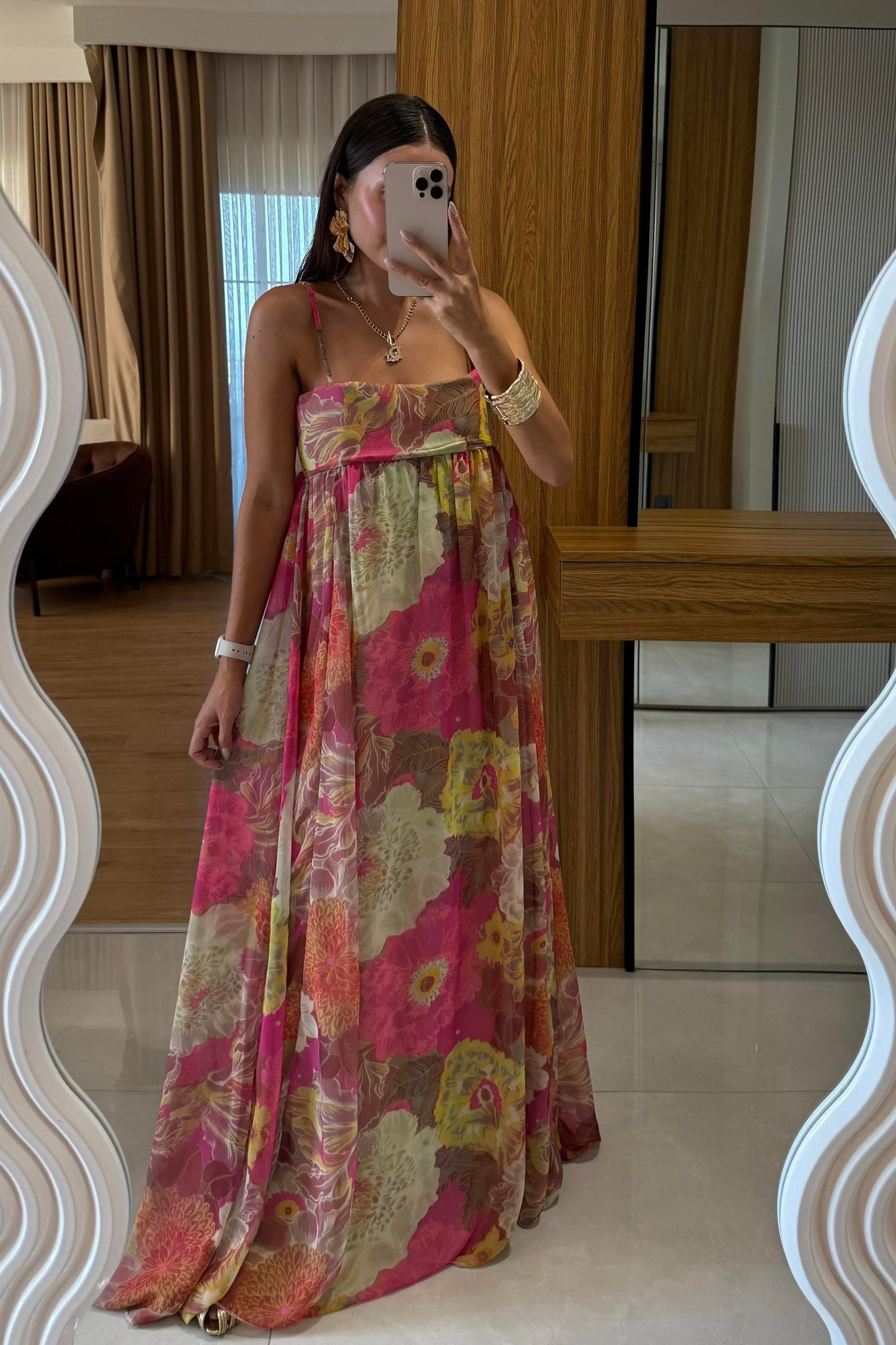 Wiole Çiçek Desen Askılı Şifon Elbise