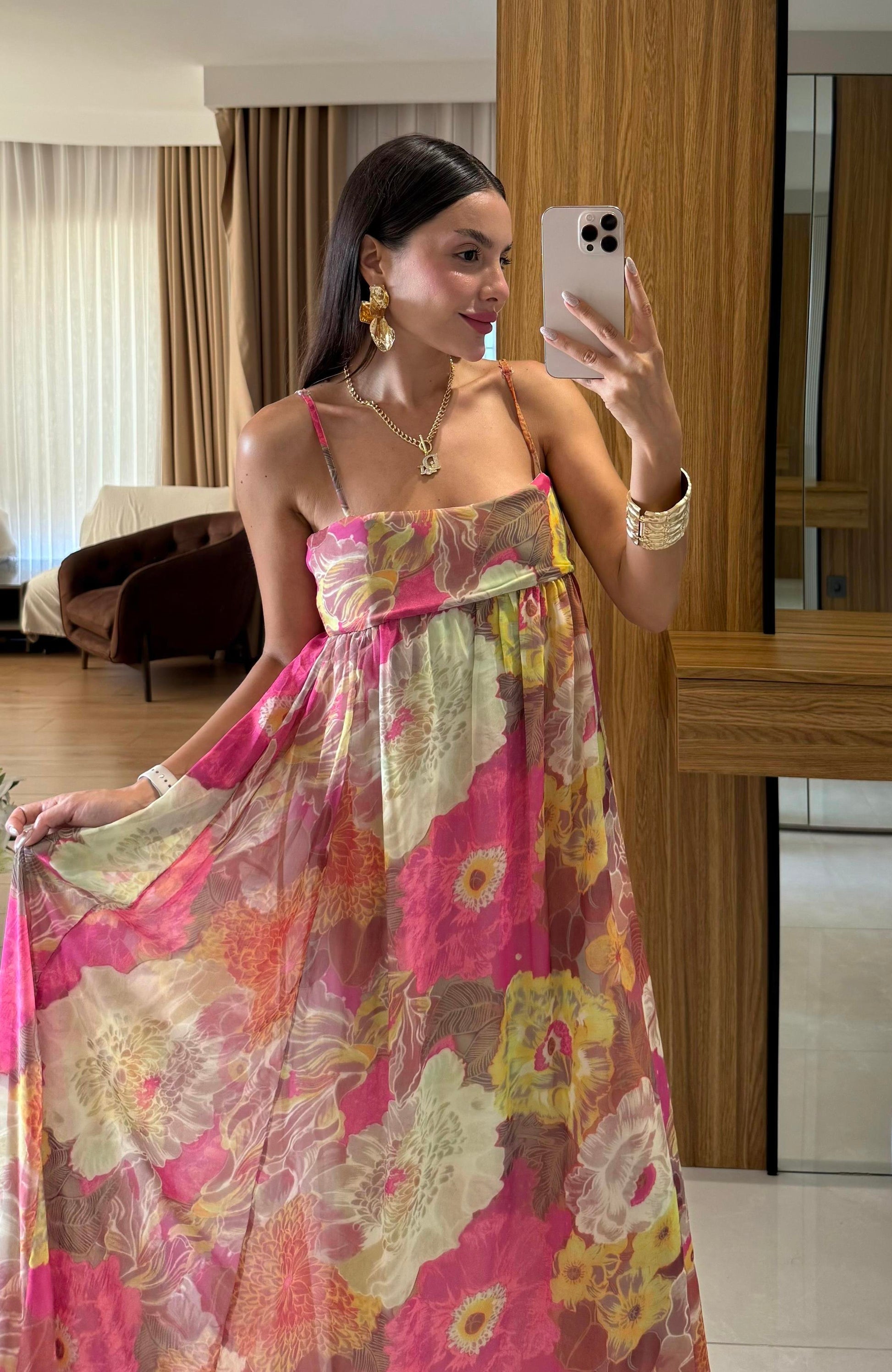 Wiole Çiçek Desen Askılı Şifon Elbise