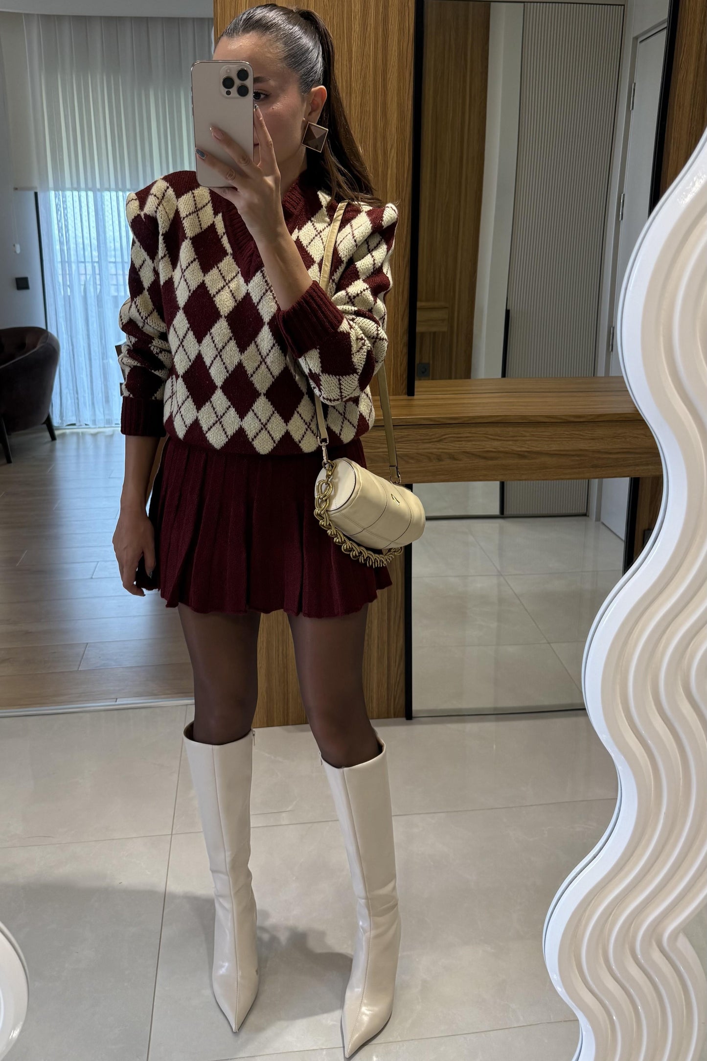 Woody Bordo- Sarı Baklava Desen Etekli Takım