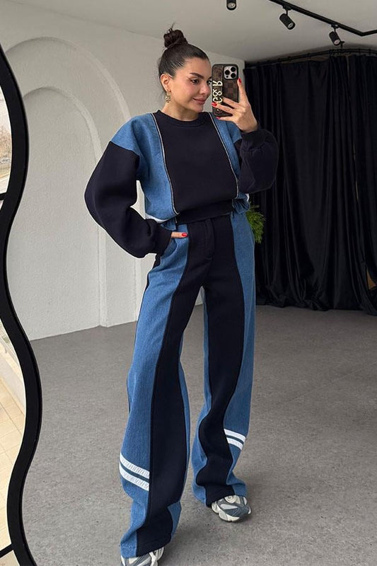 Ximena Lacivert Üç İplik Şardonlu Denim Karışımlı Takım