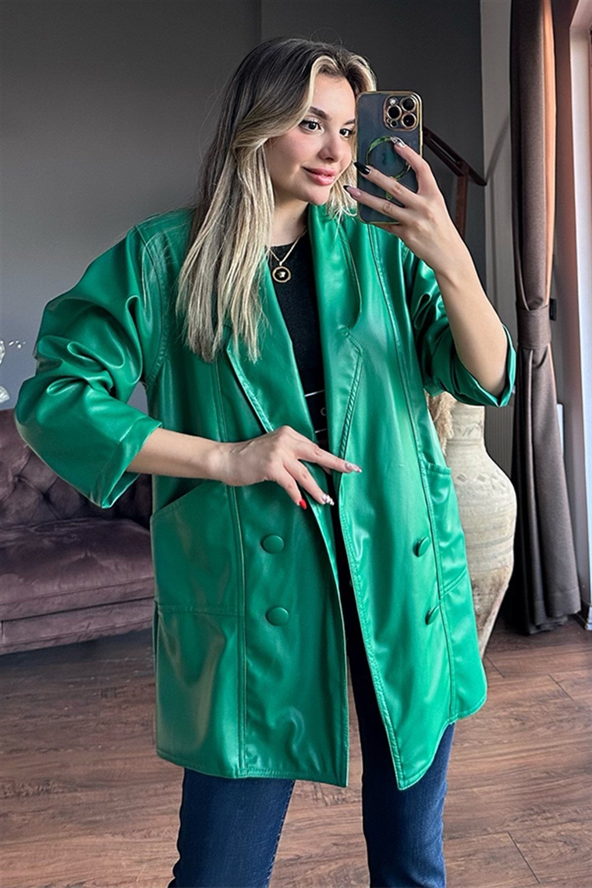 Yeşil deri blazer ceket