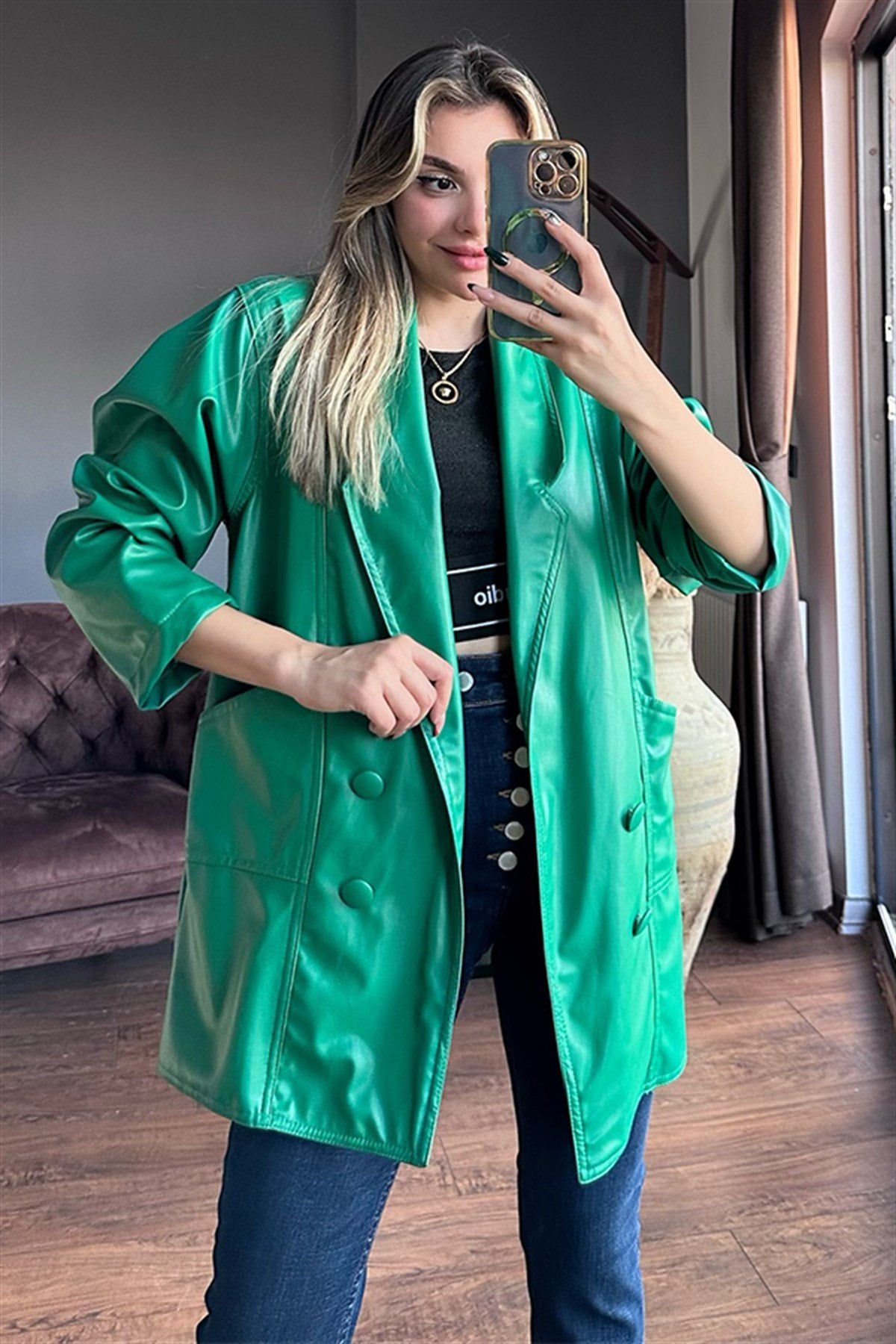 Yeşil deri blazer ceket