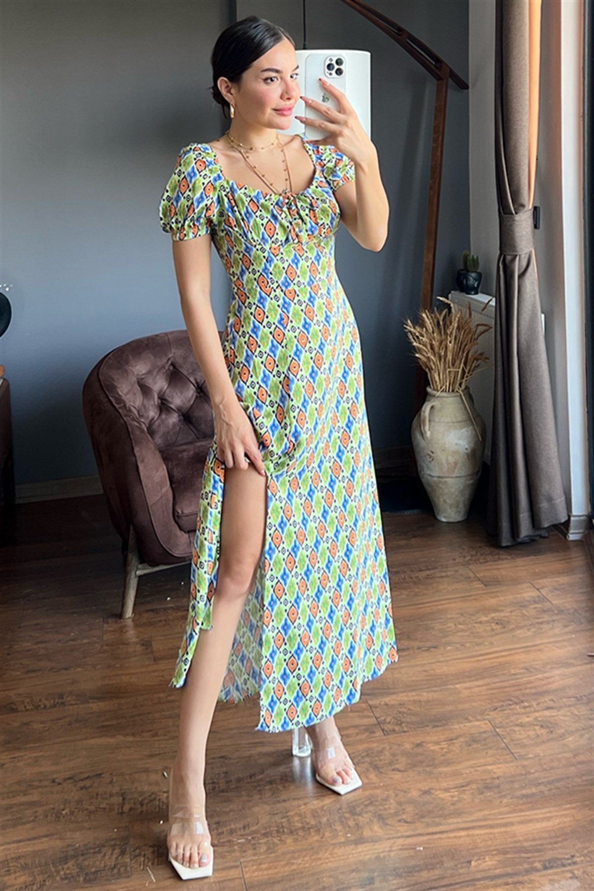 Yeşil karpuz kol etnik desenli elbise