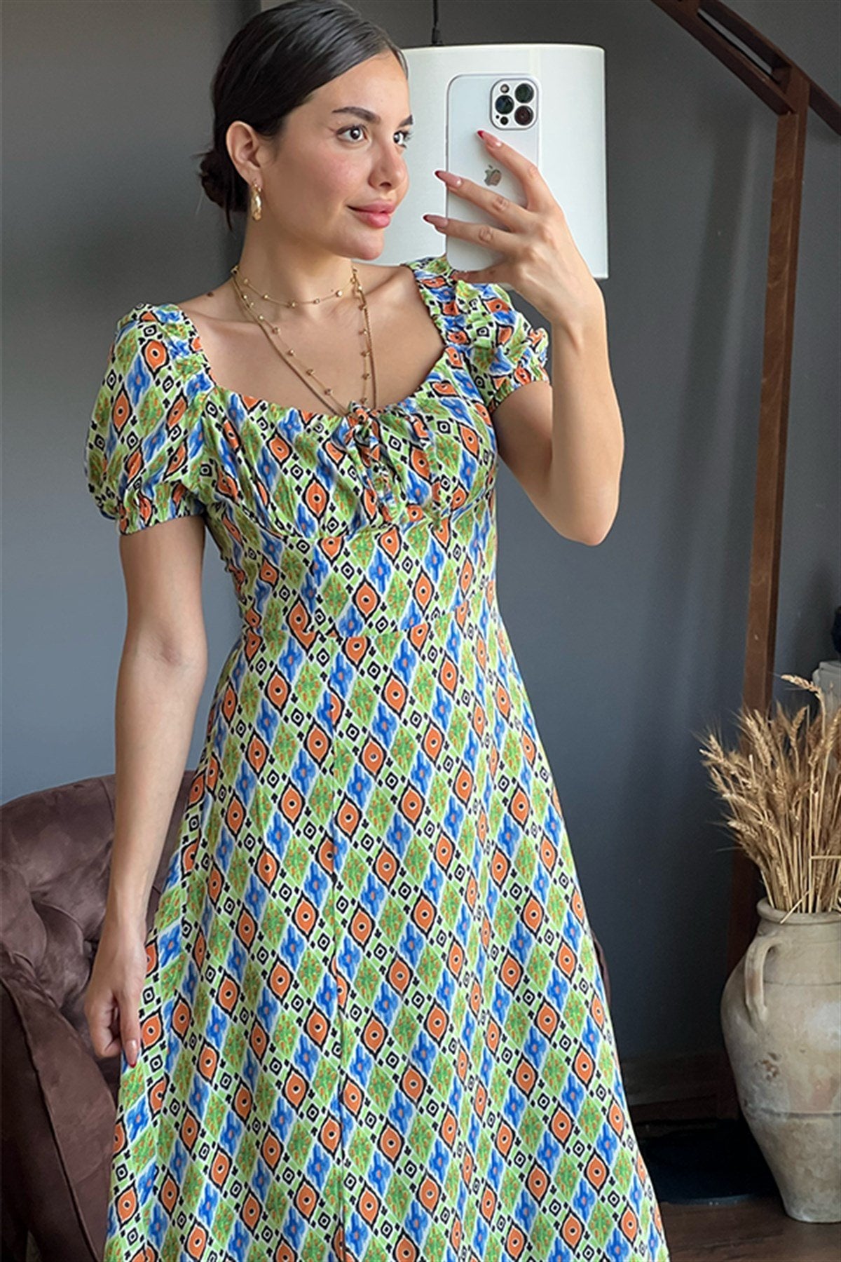 Yeşil karpuz kol etnik desenli elbise