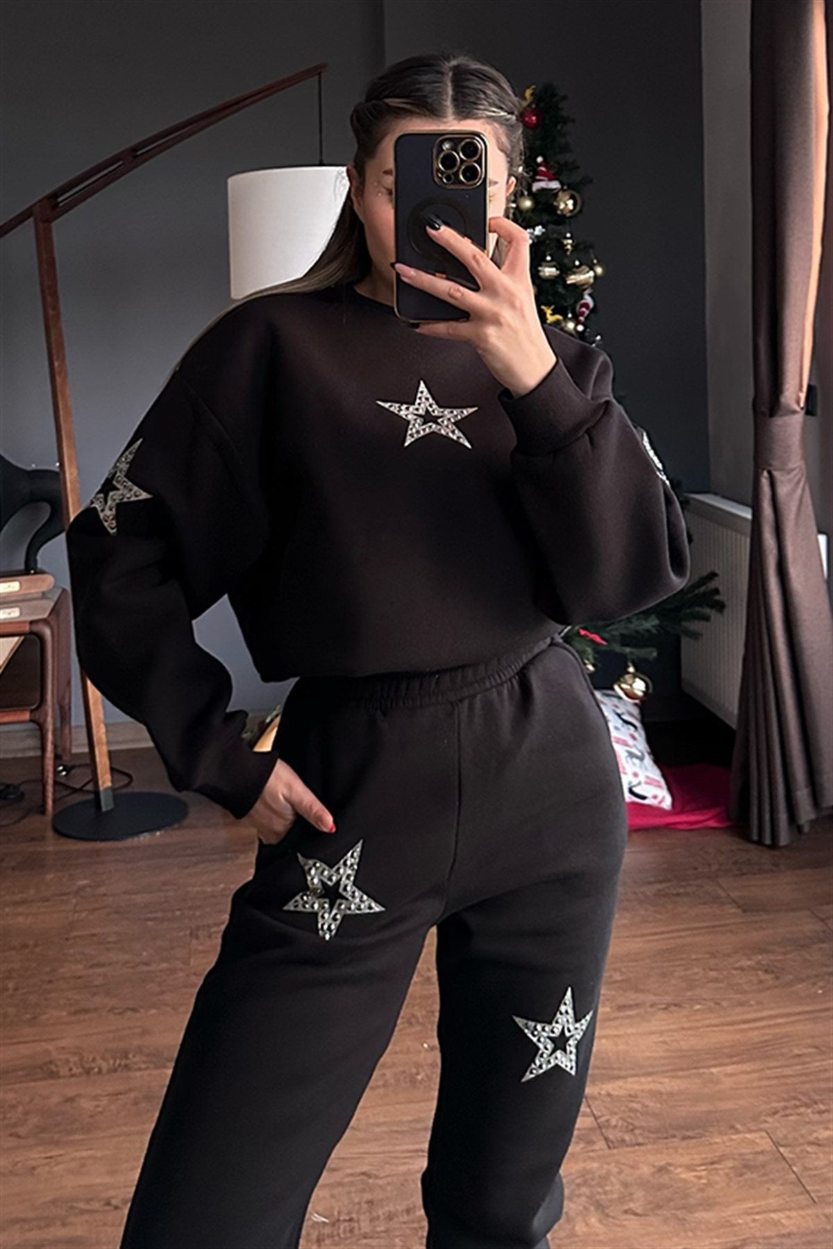 Yıldız taş baskılı siyah eşofman takımı