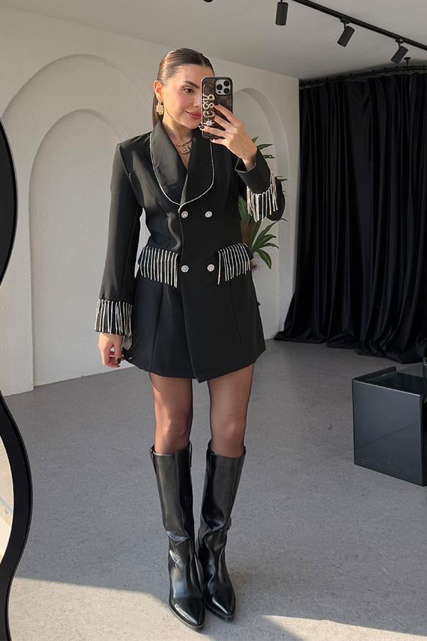 Yousef Siyah Taşlı Blazer Elbise