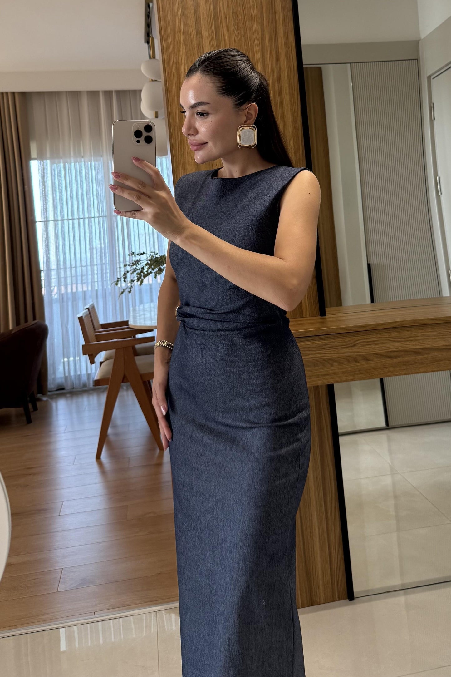 Zaina Lacivert Beli Büzgü Detaylı Denim Elbise