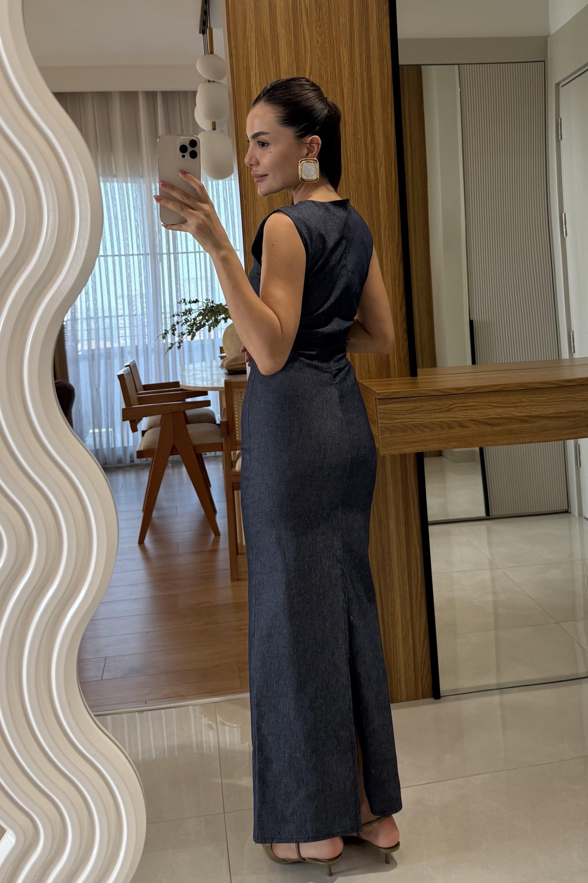 Zaina Lacivert Beli Büzgü Detaylı Denim Elbise