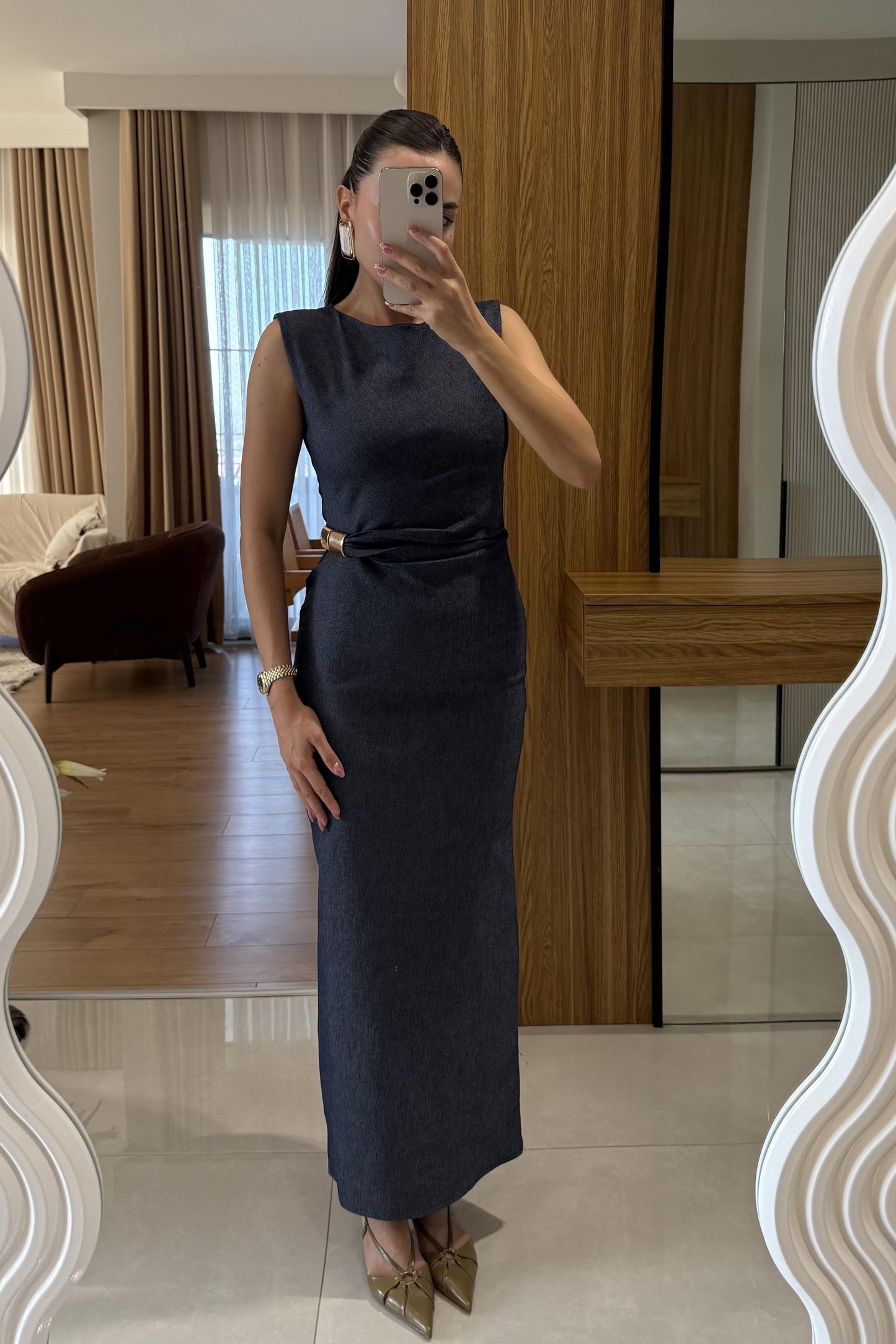 Zaina Lacivert Beli Büzgü Detaylı Denim Elbise